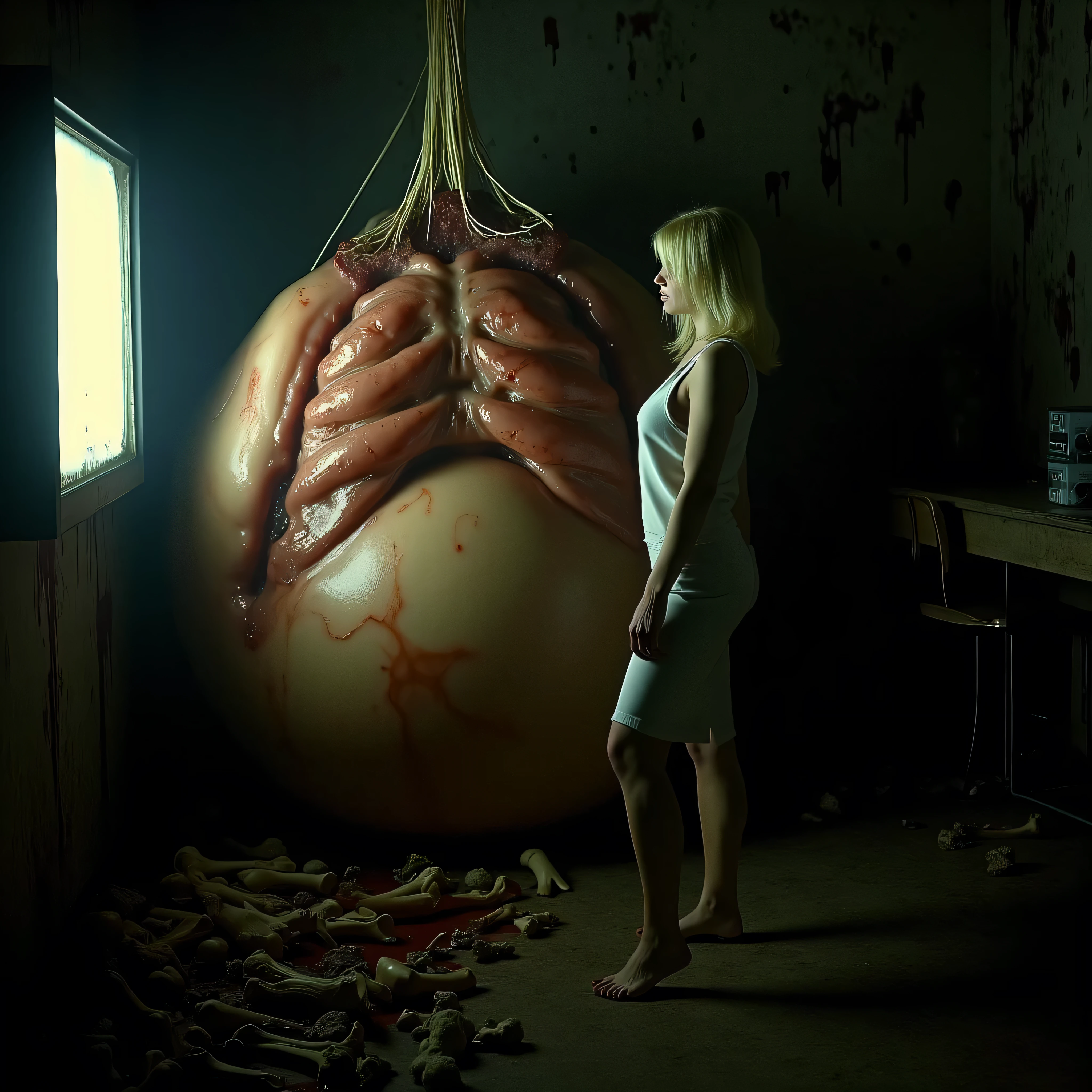 "(the best lighting, high contrast , dark, dramatic),(mujer rubia junto a un fetus gigante de gelatina, Open the rib cage, fetus, autopsy, human bones, blood on the walls), tv on . Light Caravaggio"