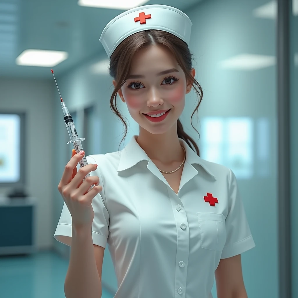 Best Quality, Masterpiece, Ultra High Resolution, (Realisticity: 1.4), Original Photo, 1Girl, Conservatively Dressed, Nurse's Wear, Film Lighting, Big Breasts, Cover Chest