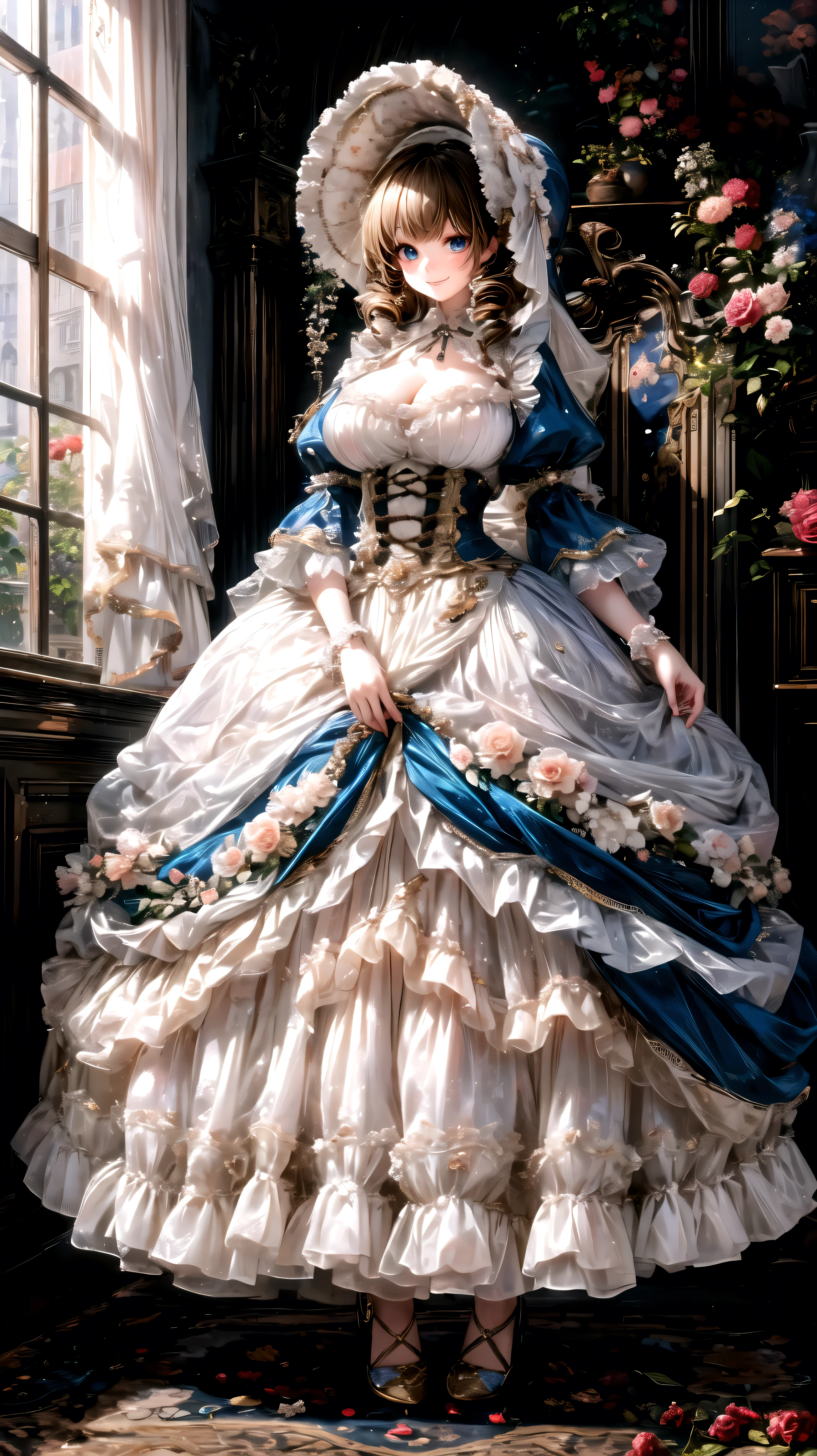  medieval Europe , Lady, Curly Hair,  Floral Crinoline Hoop Skirt, petticoat dress,  big breasts, hyper detailed beautiful eyes, bonnet, Fluffy, ((smile)), looking at viewer, (from below:1.1), from front view, (full body:1.3),