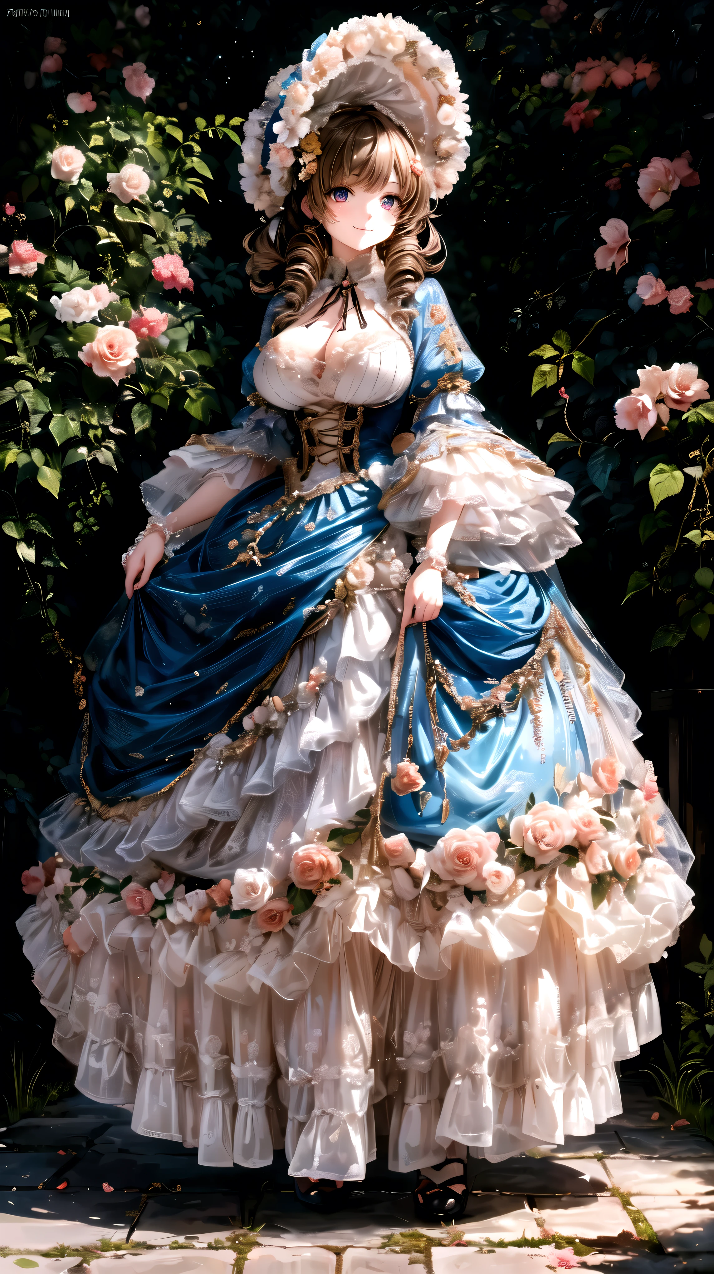  medieval Europe , Lady, Curly Hair,  Floral Crinoline Hoop Skirt, petticoat dress,  big breasts, hyper detailed beautiful eyes, bonnet, Fluffy, ((smile)), looking at viewer, (from below:1.1), from front view, (full body:1.3), (anime moe art style:1.3), ((Superbly detailed drawing, ultra detailed, exquisite quality, absolutely resolution)),