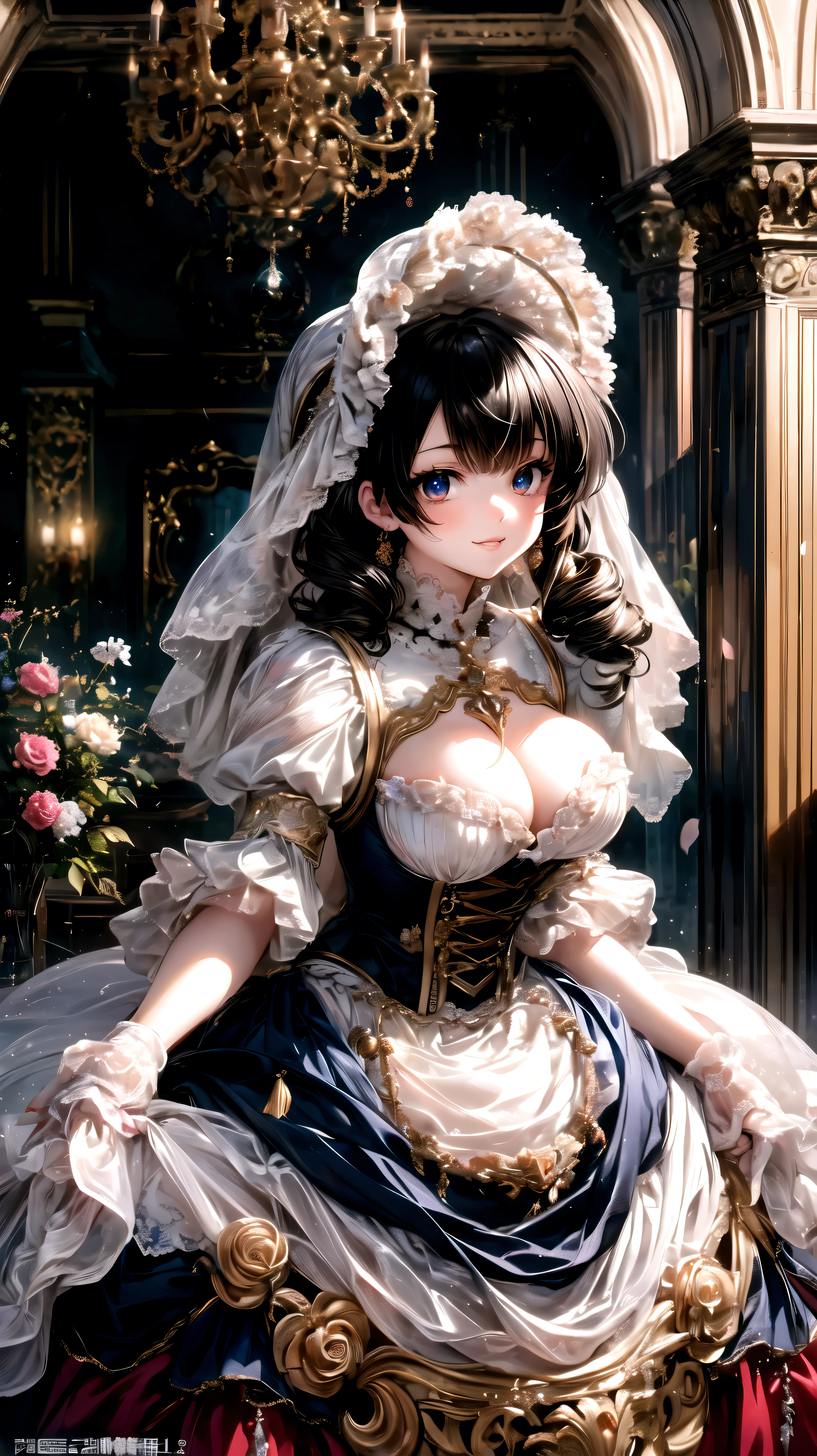 medieval Europe , Lady, Curly Hair, Floral Crinoline Hoop Skirt, petticoat dress, big breasts, hyper detailed beautiful eyes, bonnet, Fluffy, ((smile)), downblouse, loose t-shirt, leaning forward,, (anime moe art style:1.3), ((Superbly detailed drawing, ultra detailed, exquisite quality, absolutely resolution)),