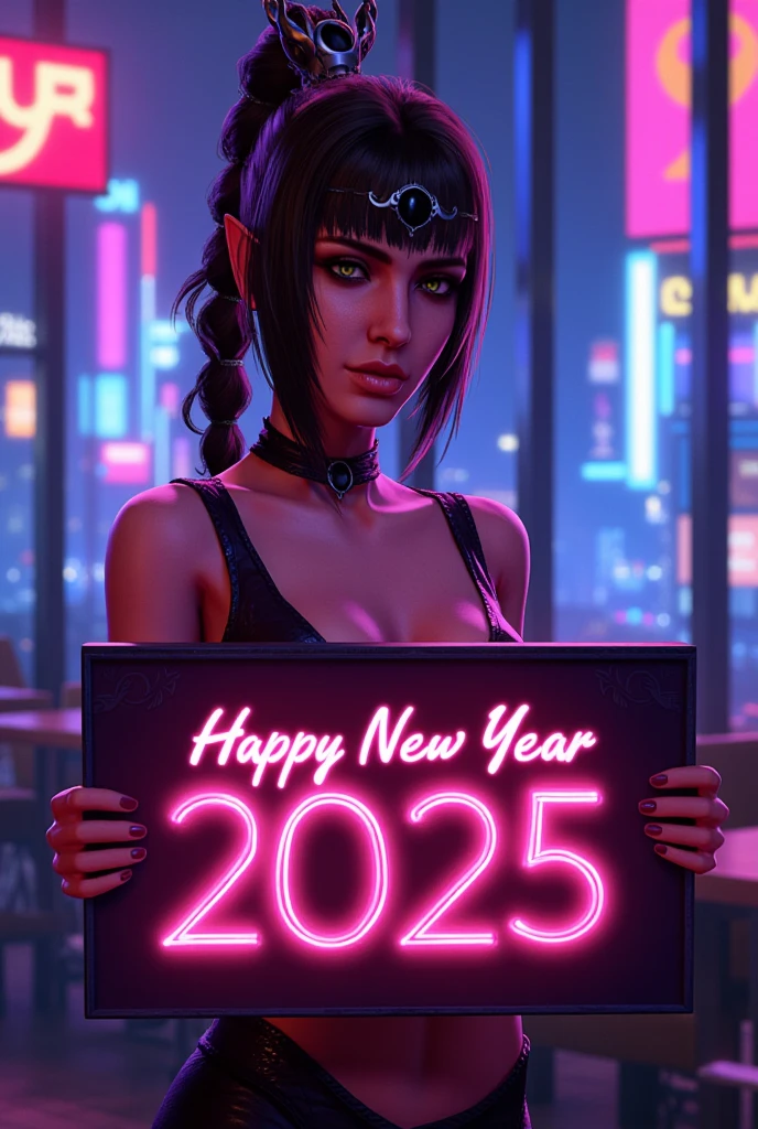 (masterpiece, Highest quality, 8k, Sharp focus, Depth of written boundary, Best Shadow, Perfect lighting, High resolution, Realistic skin texture, ultra-detailed background, detailed), Anime Style, Shadowheart  holding a Happy New Year 2025 sign (He is slim, compensate, eyeliner, Glitter), At the nightclub, Cyberpunk Theme,  Cyberpunk City.