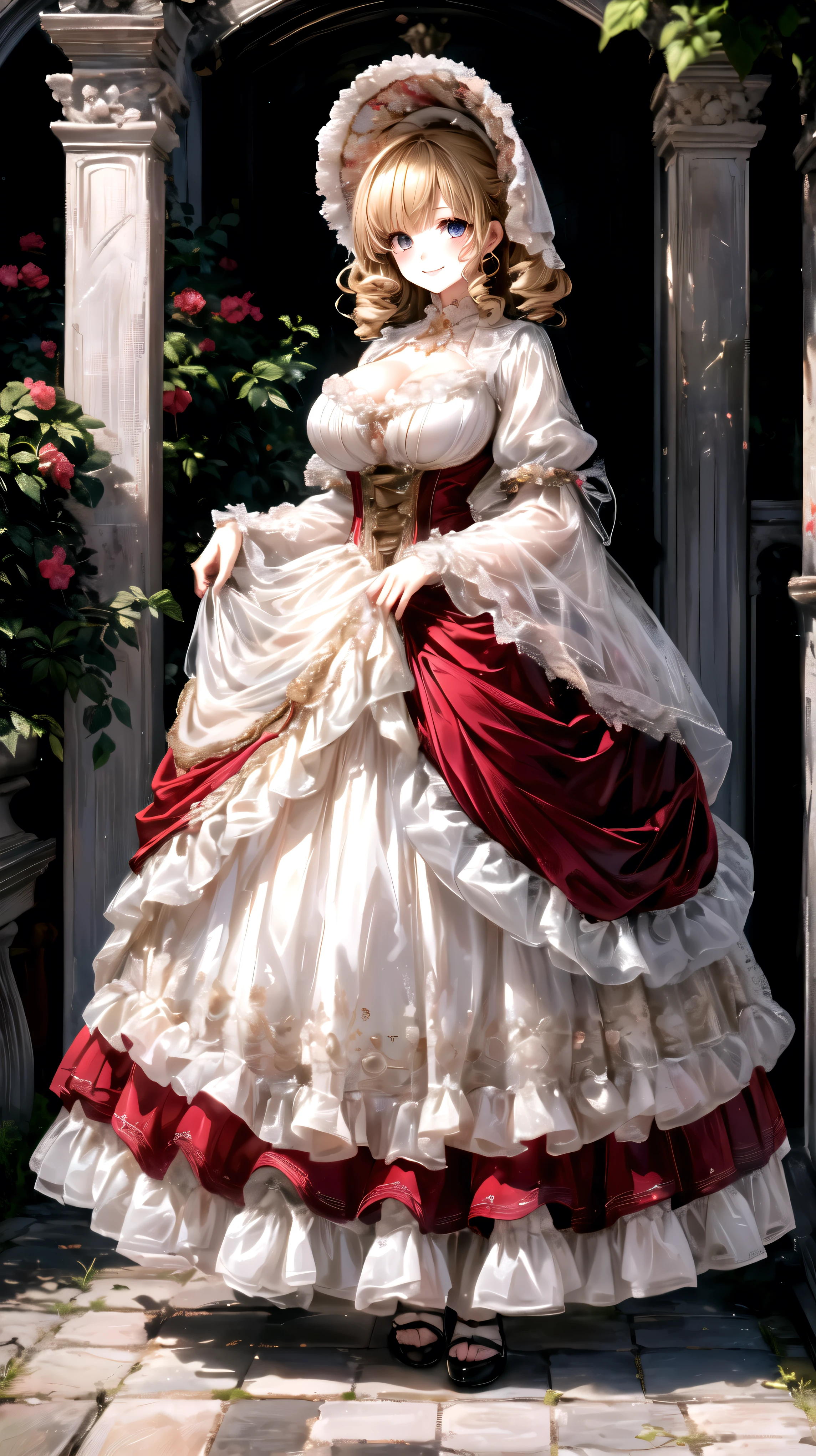  medieval Europe , Lady, Curly Hair,  Floral Crinoline Hoop Skirt, red petticoat dress ,  big breasts, hyper detailed beautiful eyes, bonnet, Fluffy, ((smile)), looking at viewer, (from below:1.1), from front view, (full body:1.3), (anime moe art style:1.3), ((Superbly detailed drawing, ultra detailed, exquisite quality, absolutely resolution)),