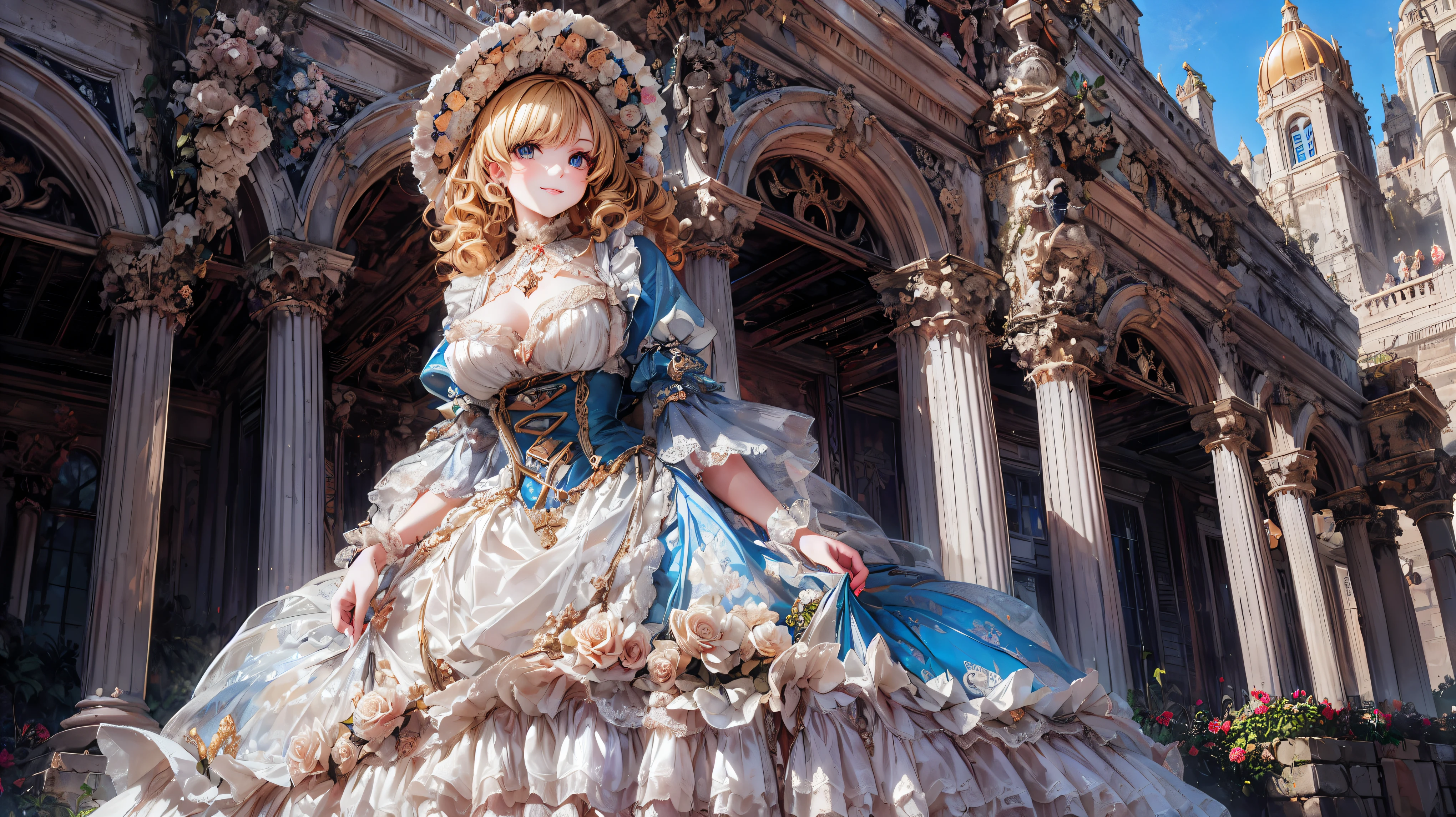  medieval Europe , Lady, Blonde, Curly Hair,  Floral Crinoline Hoop Skirt, petticoat dress,  big breasts, hyper detailed beautiful eyes, bonnet, Fluffy, ((smile)), looking at viewer, (from below:1.1), from front view, (very wide shot:1.3), Majestic palace, ((distant shot, character as part of landscape)), 