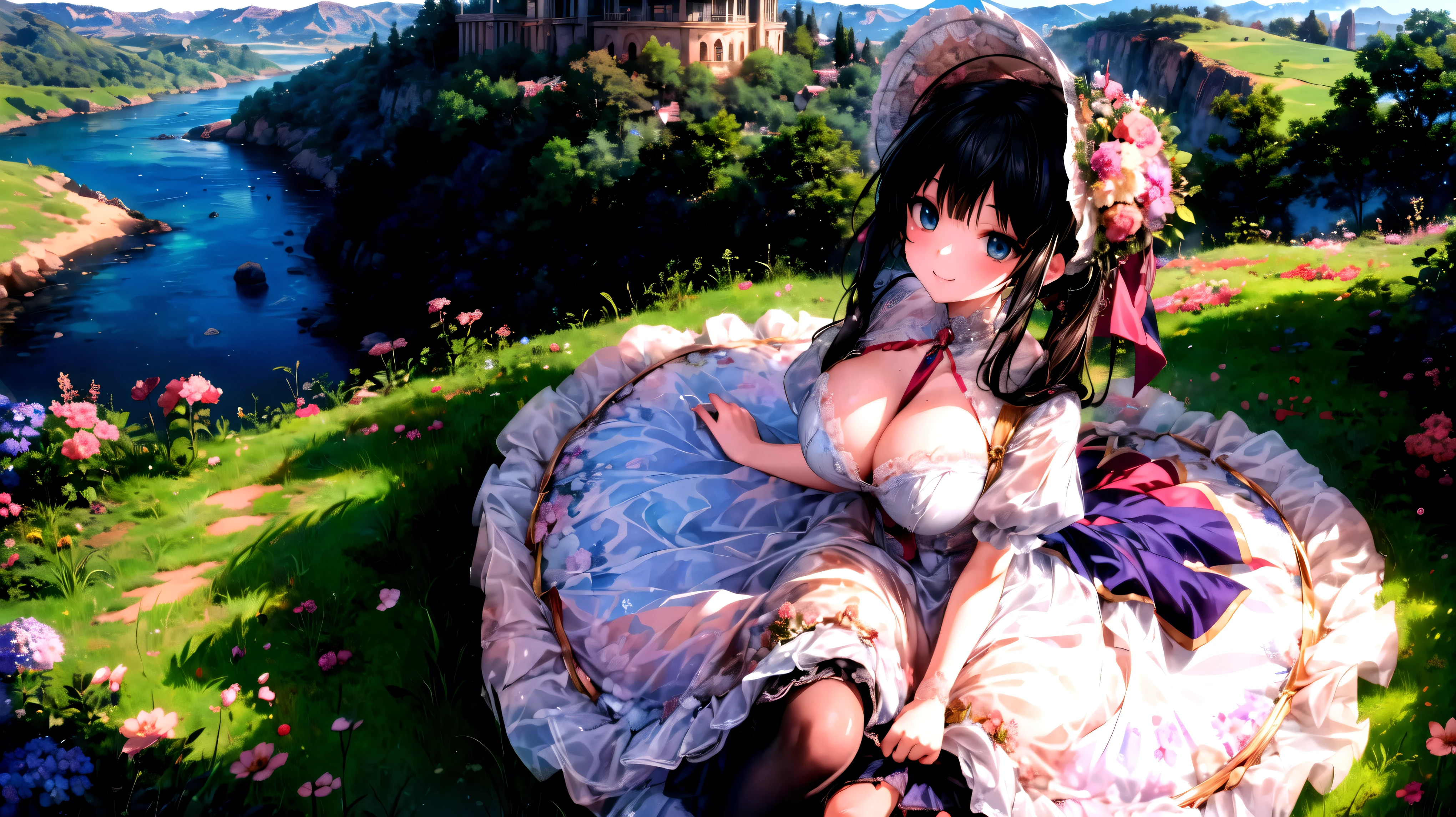  medieval Europe , Lady, Curly Hair,  Floral Crinoline Hoop Skirt, petticoat dress,  big breasts, hyper detailed beautiful eyes, bonnet, Fluffy, ((smile)), super detail face, (from above:1.3), from front view, ((sit)), (very wide shot:1.3),  spectacular views,  Amazing Scenery, Ranch, (distant shot, character as part of landscape:1.3), (anime moe art style:1.3), ((Superbly detailed drawing, ultra detailed, exquisite quality, absolutely resolution)),