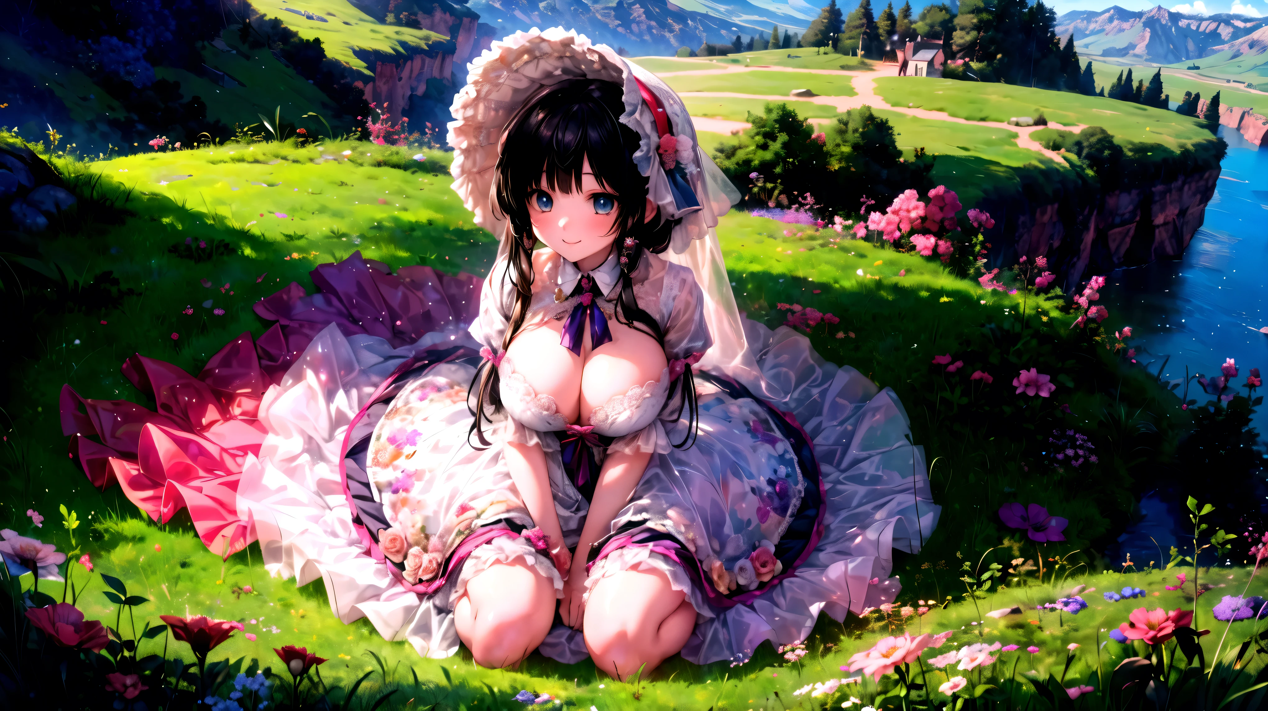  medieval Europe , Lady, Curly Hair,  Floral Crinoline Hoop Skirt, petticoat dress,  big breasts, hyper detailed beautiful eyes, bonnet, Fluffy, ((smile)), super detail face, (from above:1.3), from front view, ((sit)), (very wide shot:1.3),  spectacular views,  Amazing Scenery, Ranch, (distant shot, character as part of landscape:1.3), (anime moe art style:1.3), ((Superbly detailed drawing, ultra detailed, exquisite quality, absolutely resolution)),