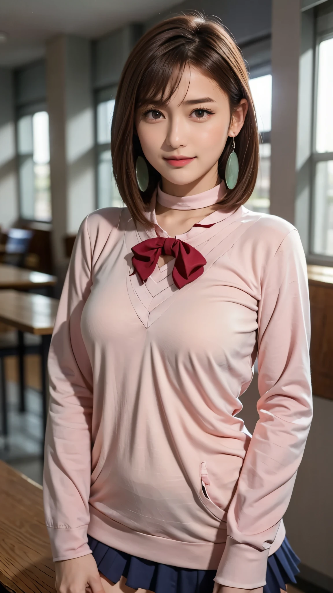 extremely high quality photo, Momo Ayase, sharp focus, realistic, source_photo, proper alignment, young Japanese model, cafe setting, room background, glamorous, sexy, seductive, portrait, detailed face, smiling, happy, ayase_wz, medium hair, brown hair, brown eyes, large breasts, chocker, choker, red bowtie, (pink cardigan:1.2), long cardigan, long sleeves, blue skirt, pleated skirt, school uniform, short skirt, earrings, loose socks, white socks