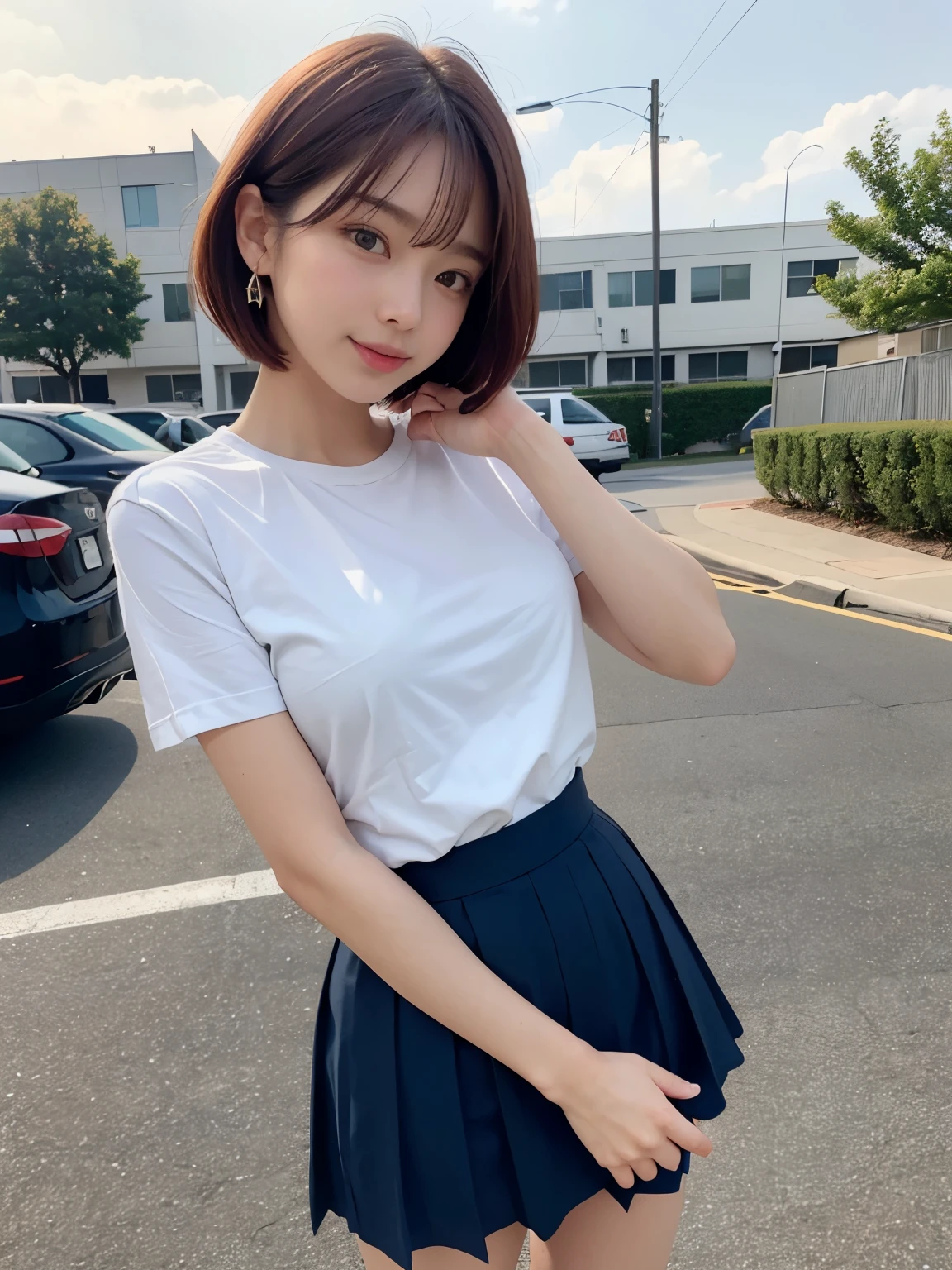(8k), (highest quality: 1.2), (Realistic), (Realistic: 1.37), Ultra-high resolution, (1 girl), cute, A shy smile, Mouth closed,(Red cheeks with embarrassment:1.3), Beautiful details, Beautiful Nose, Black short bob hair, bangs,Giant Dulcefo,University Uniforms,(Simple white Y-shirt:1.3),(Pleated gray skirt:1.3),(Sitting:1), Sitting on the ground in the city at night,(closed up shiny legs:1.2),(From the side),Bring your face closer