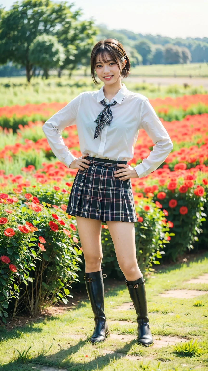 (8k、     RAW photos   、   top quality、masterpiece   :1.2)、(   realistic  、   realistic  )、1 person、((bangs、 short hair、Ribbon on chest、 boots、 shirt、 Long Sleeve 、smile、whole body、 Black Plaid Mini Skirt、Flower Field、Narrow waist、 Stand with hands on hips、 standing facing you   )、 cute