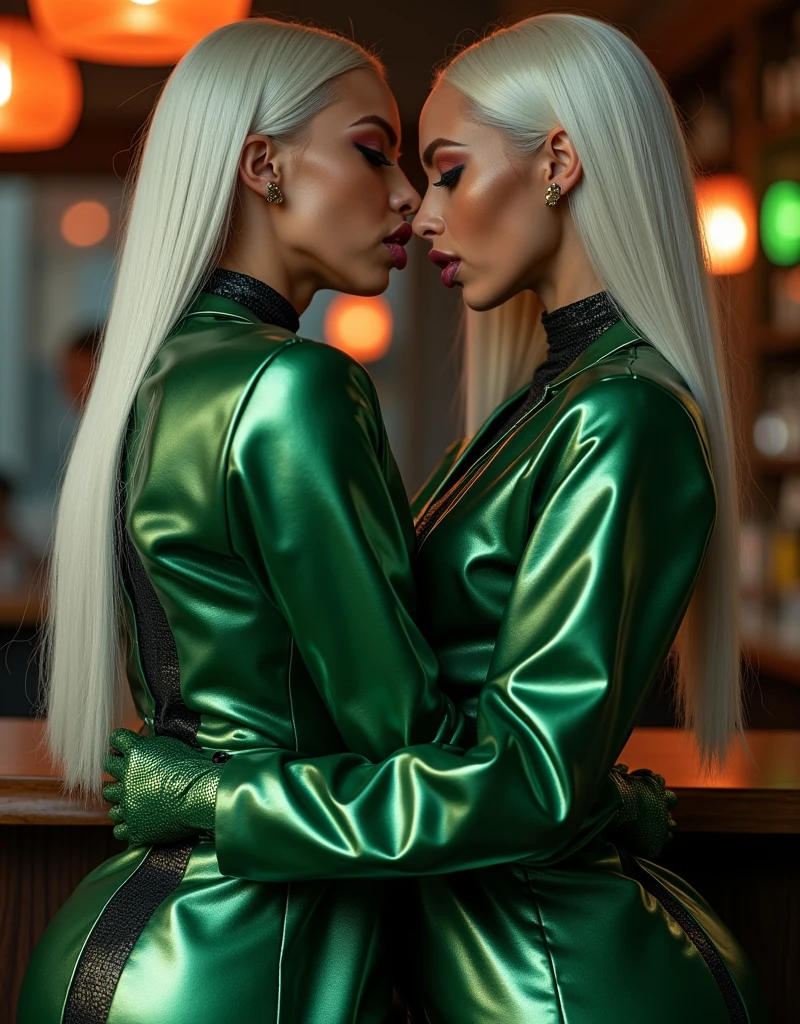 Realistic Kim Kardashian is making a silver ponytail so she stretches her hair to put it up and gels it while kissing her girlfriend Kylie Jenner passionately