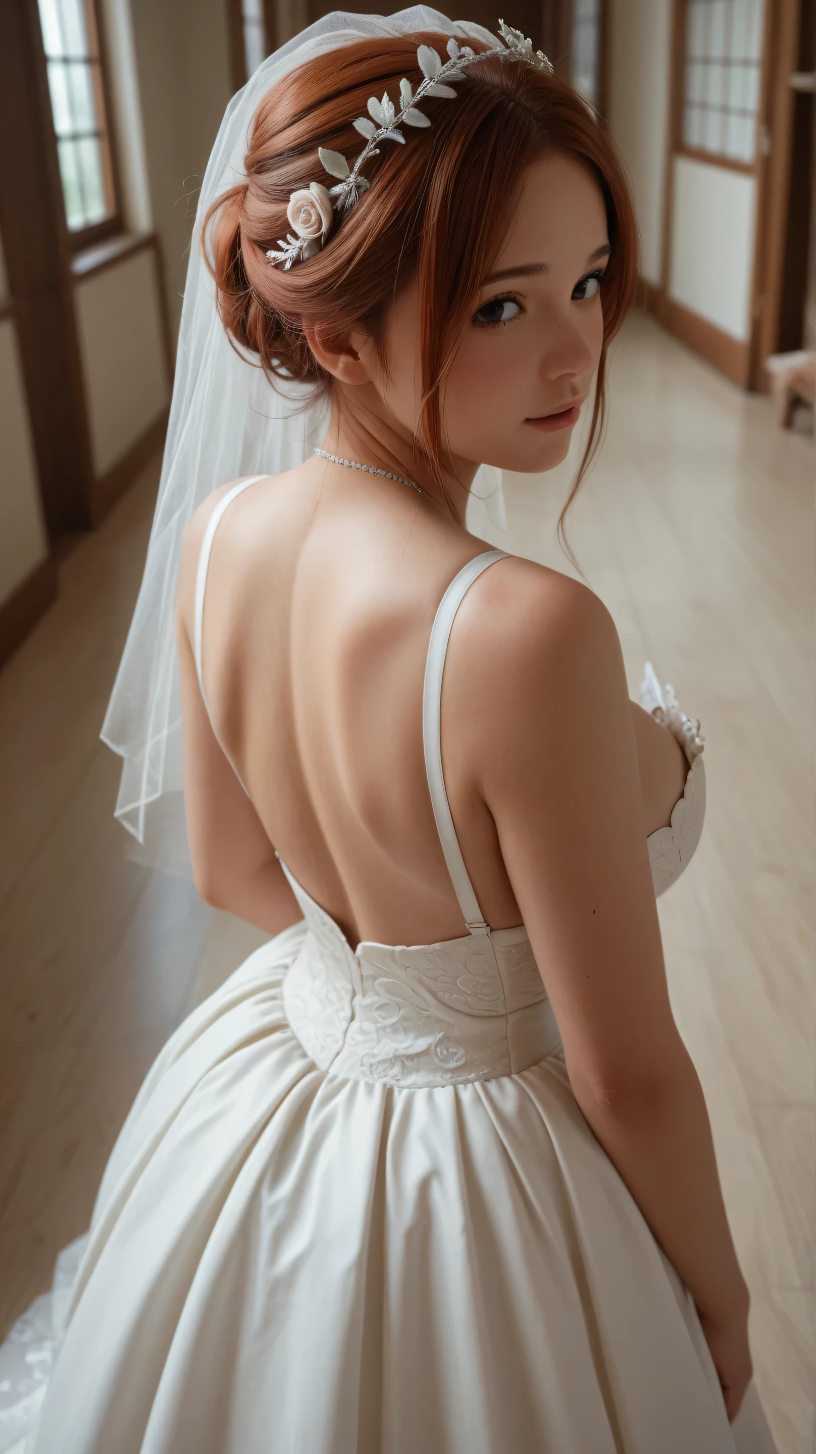 (realistic:1.3), finely detailed, quality, rembrandt lighting, (masterpiece:1.2), (photorealistic:1.2), (best quality), (detailed skin:1.3), (intricate details), dramatic, ray tracing, 1girl, japanese girl, 21 years old, detailed skin texture, (blush:0.5), (goosebumps:0.5), subsurface scattering, smiling, medium breasts, short hair curls, bangs, hair between eyes, veil, (wedding dress:1.3), backback, from behind, ((night sky:1.2), bedroom, bed, window), <lora:ButtCrack:1>
