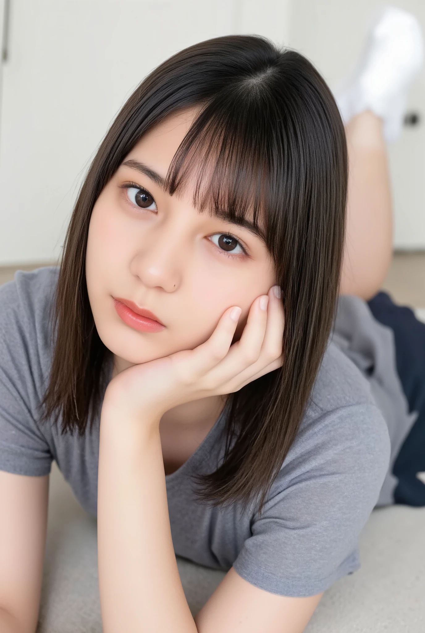 The high resolution photograph of a young Japanese woman, realistic, photo-realistic, masterpiece, best quality, intricate details, extremely detailed, sharp focus, professional lighting, (bust shot, front view, from above:1.2), solo, 1girl, (lying in a bed, on back, head on pillow, sleeping posture:1.4), slender body, small head, straight long black hair with blunt bangs, pale skin, fine-textured skin, shiny skin, natural make-up, tiny breasts, t-shirt, covered nipples, sensual face, seductive eyes, seductive posing for gravure photography, anatomically correct proportions, indoors, home, bedroom,