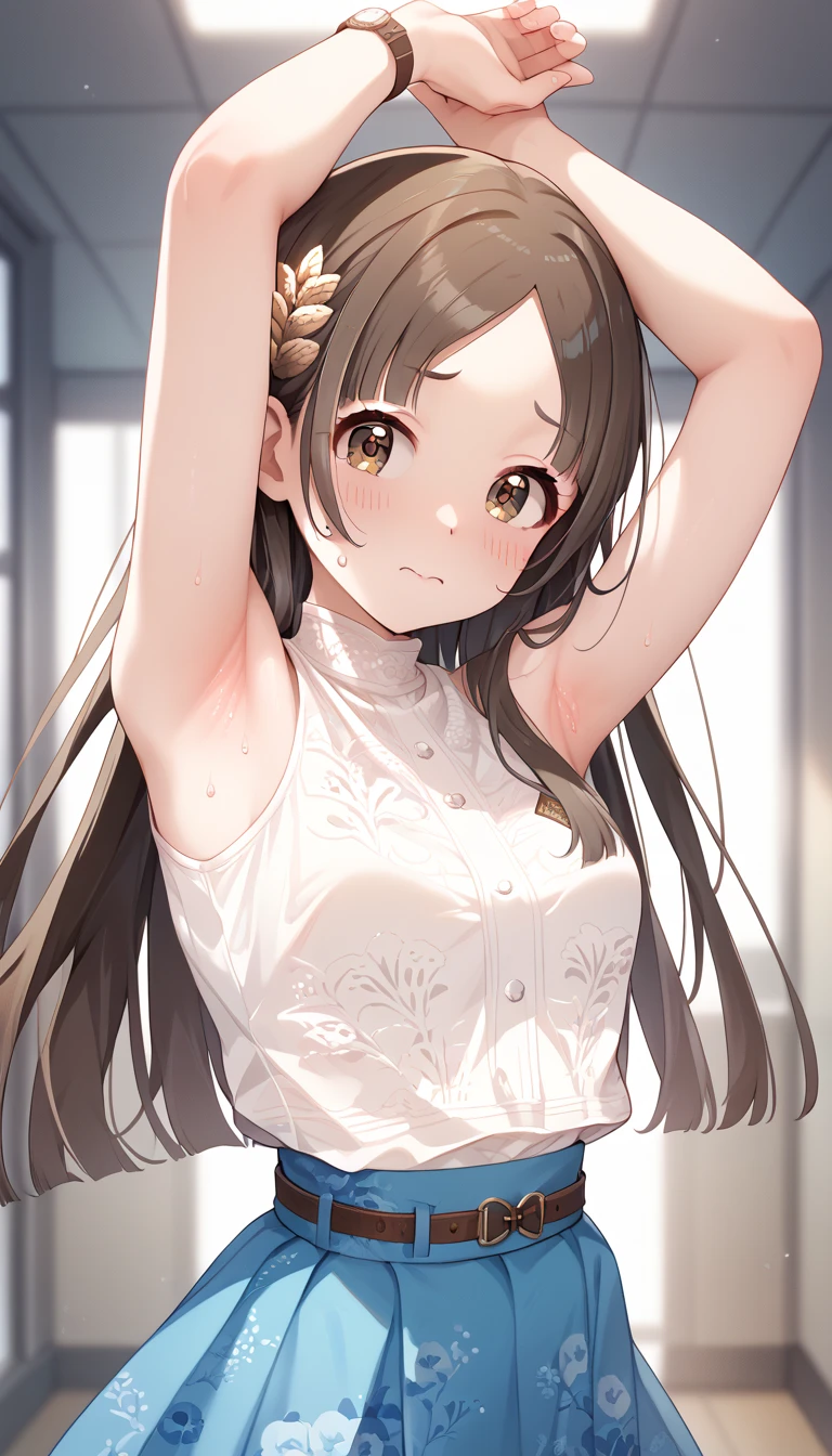 1girl, kuramoto china,gakuen idolmaster,, kuramoto china, aqua skirt, bangs, belt, blue skirt, blush, brown belt, brown eyes, brown hair, floral print, hair ornament, long hair, parted bangs, shirt, short sleeves, skirt, long skirt, very long hair, watch, white shirt, wristwatch,:o,sweat,((armpit focus)),face focus, from side,long hair, looking at viewer, (small breast), solo, white background,masterpiece, best quality, good quality, newest,,blush,embarrassed