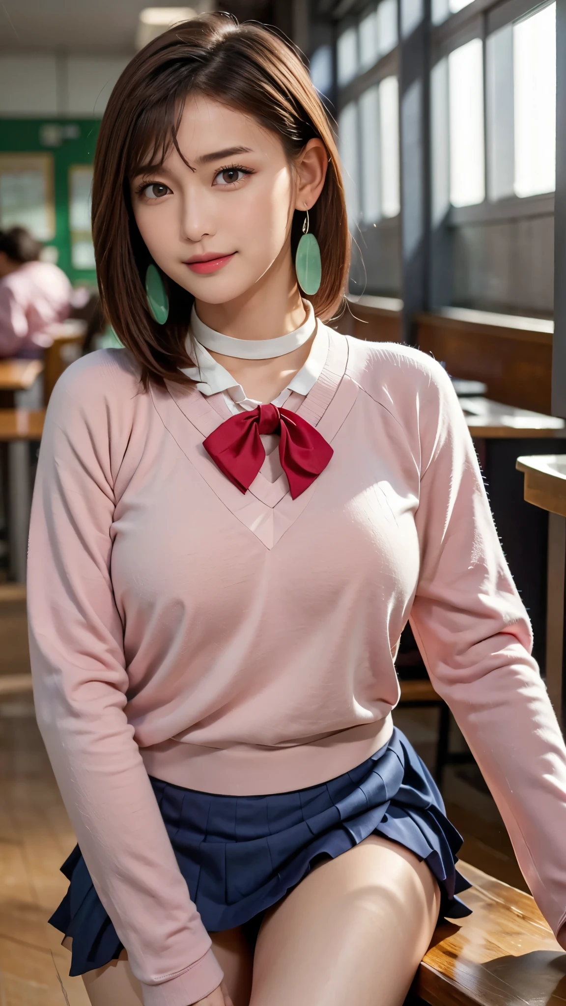 extremely high quality photo, Momo Ayase, sharp focus, realistic, source_photo, proper alignment, young Japanese model, cafe setting, room background, glamorous, sexy, seductive, portrait, detailed face, smiling, happy, ayase_wz, medium hair, brown hair, brown eyes, large breasts, chocker, choker, red bowtie, (pink cardigan:1.2), long cardigan, long sleeves, blue skirt, pleated skirt, school uniform, short skirt, earrings, loose socks, white socks