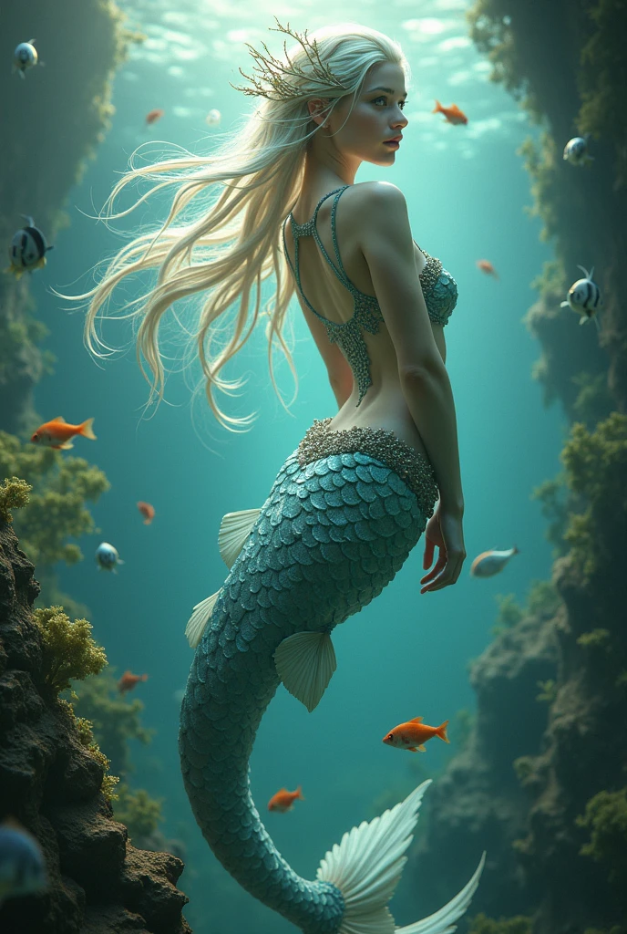 ((ethereal mermaid))) A delightful ((mermaid, finfolk)), monster ,((halloween style)), Cinematic, photorealistic, ((rocky beach scenery)), full body, from the side, sitting in a rock, full body, from the side, hair flowing with the wind, 35mm, F/2.8,