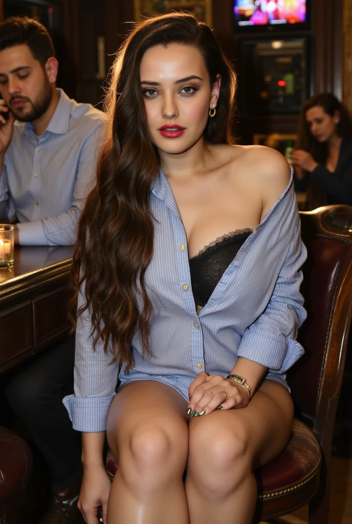 A dusky-skinned Indian woman with intense, captivating eyes, sitting on a vintage barstool in a dimly-lit jazz bar. She’s wearing a slightly oversized men’s shirt with the top buttons undone, hinting at a satin corset beneath. Her red lips match the soft glow of the candlelight on the bar, and the background features a live jazz band playing soft music