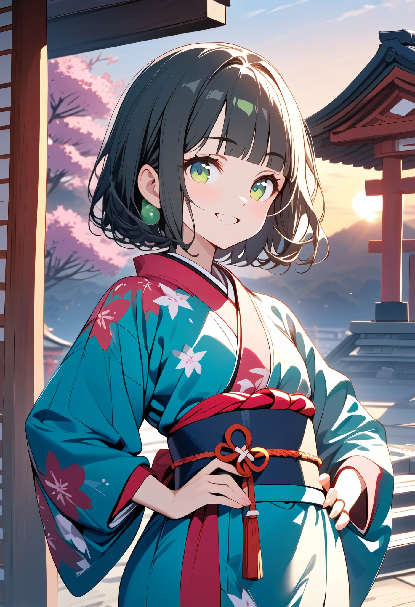 {{{masterpiece}}}, {{{ top quality }}}, {{ ultra detail}}, { cute, detail eyes},  One Girl , Alone, (black hair,bob cut,wavy hair),((green eyes)), (blunt bangs),(Japanese kimono),((put hands on hip)),smile,black hair,Midea,jade green eyes,clear sky,sunrise,Japanese shrine