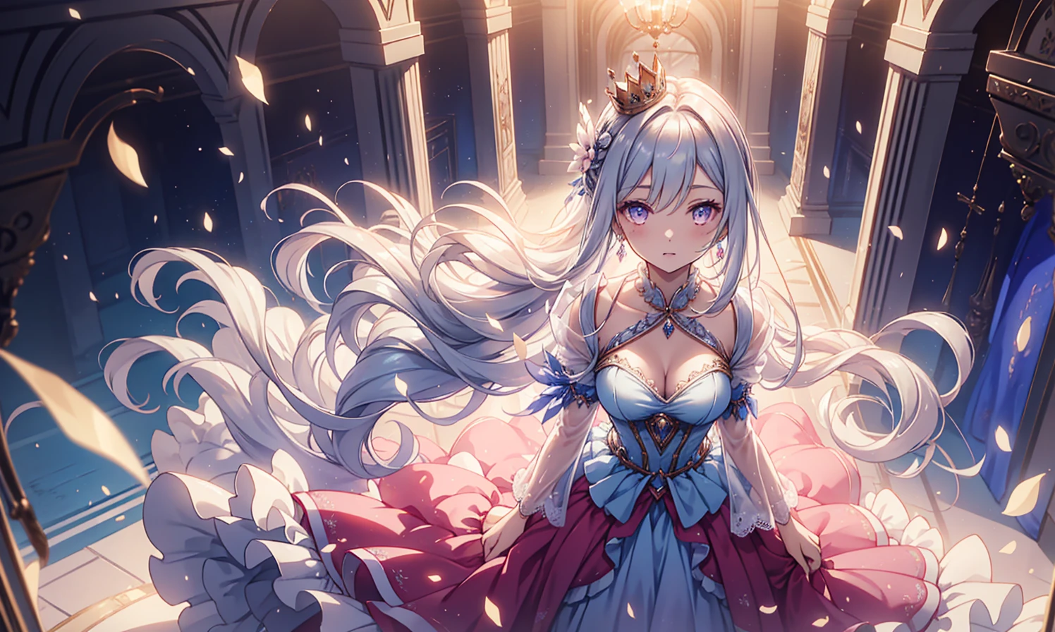 ((Anime cute art style)),(((digital))),Noble atmosphere,(masterpiece), (best quality), (Super detailed),illustration,(Very delicate and beautiful),Dynamic angle,looking at the audience,(((solitary))),((whole body)),(((1 Gorgeous and noble princess in wide skirt))),jewel eye,(Very long hair),Gorgeous embroidery and lace,transparent,gorgeous ruffles,(Huge breasts,Long Breasts),(Gorgeous ball gown with loose skirt),