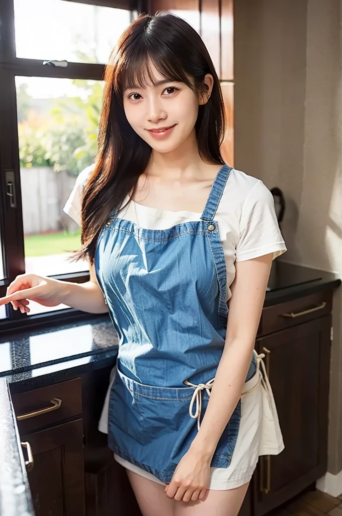masterpiece, Best Quality, Raw photo, 8K, ultra-detailed face, 1girl, Beautiful detailed skin, backlight, soft light, bashful, (shoot from front), looking at viewer, open your mouth as if you want to say something, Luminescent, Anatomically correct, Medium hair, bangs, Eyes and faces with detailed, Textured skin, Professional Photography, Bokeh, Portrait, Professional Lighting, Solo, Cute, Girly, Film grain, apron, kitchen, indoor,