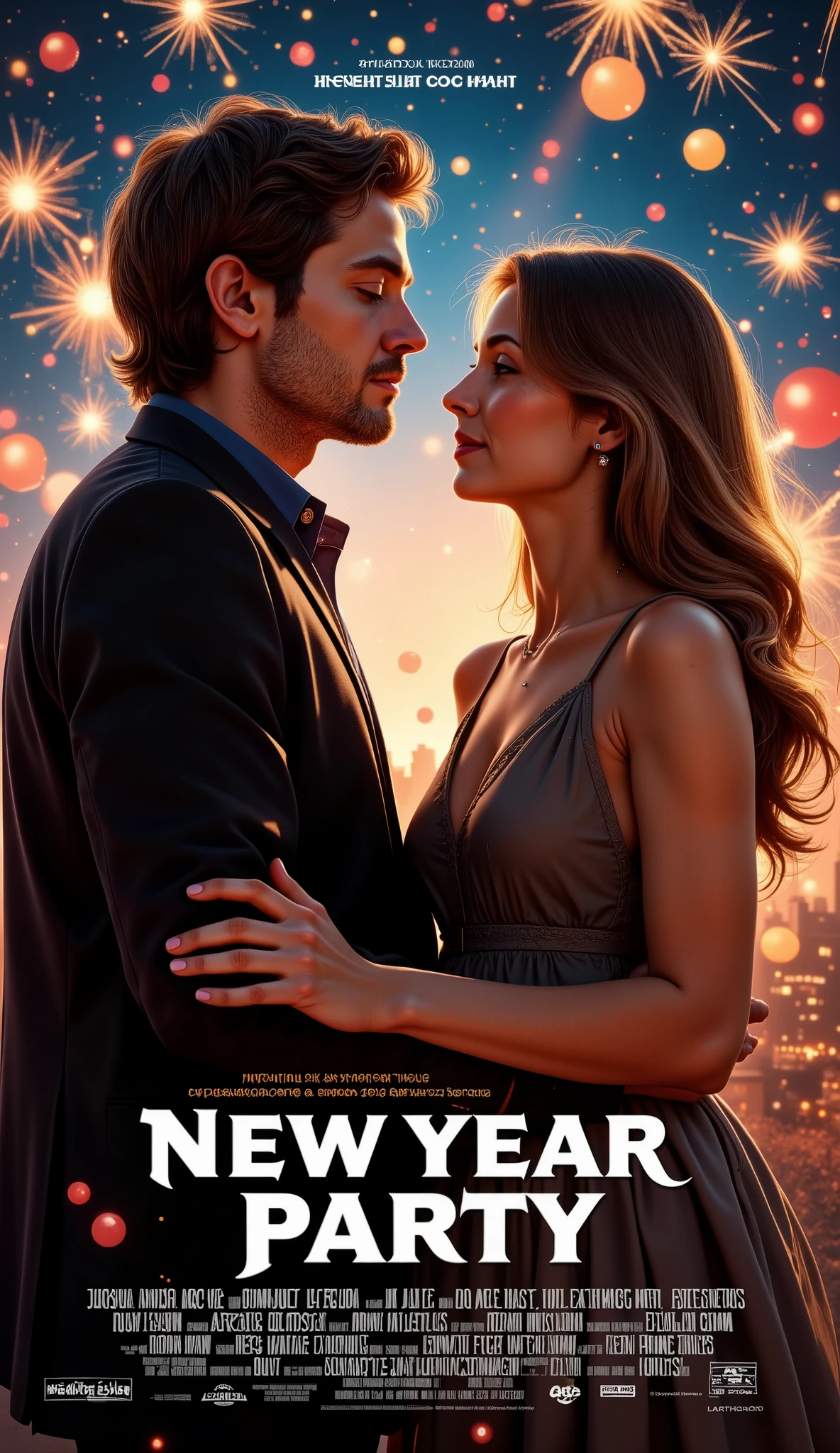 (masterpiece:1.2,EXCEPTIONAL QUALITY ,Mirror Finish , Cinematic Experience That Made America Laugh , best illustration), Super high resolution, super detailed ,8k,16k, wallpaper,( New Year Party ),( New Year Party を題材にしたコメディ映画のポスター:2.0),(さえない人見知りの男性が一人で New Year Party 参加して徐々 where he opens his heart and marries a woman he met ),(Artistic),(Movie title"New Year Party 2025" Draw the text:2.0),( simple design :2.0),(Heartful romantic comedy movie ),(Big feature film ),(America laughed :2.0)
