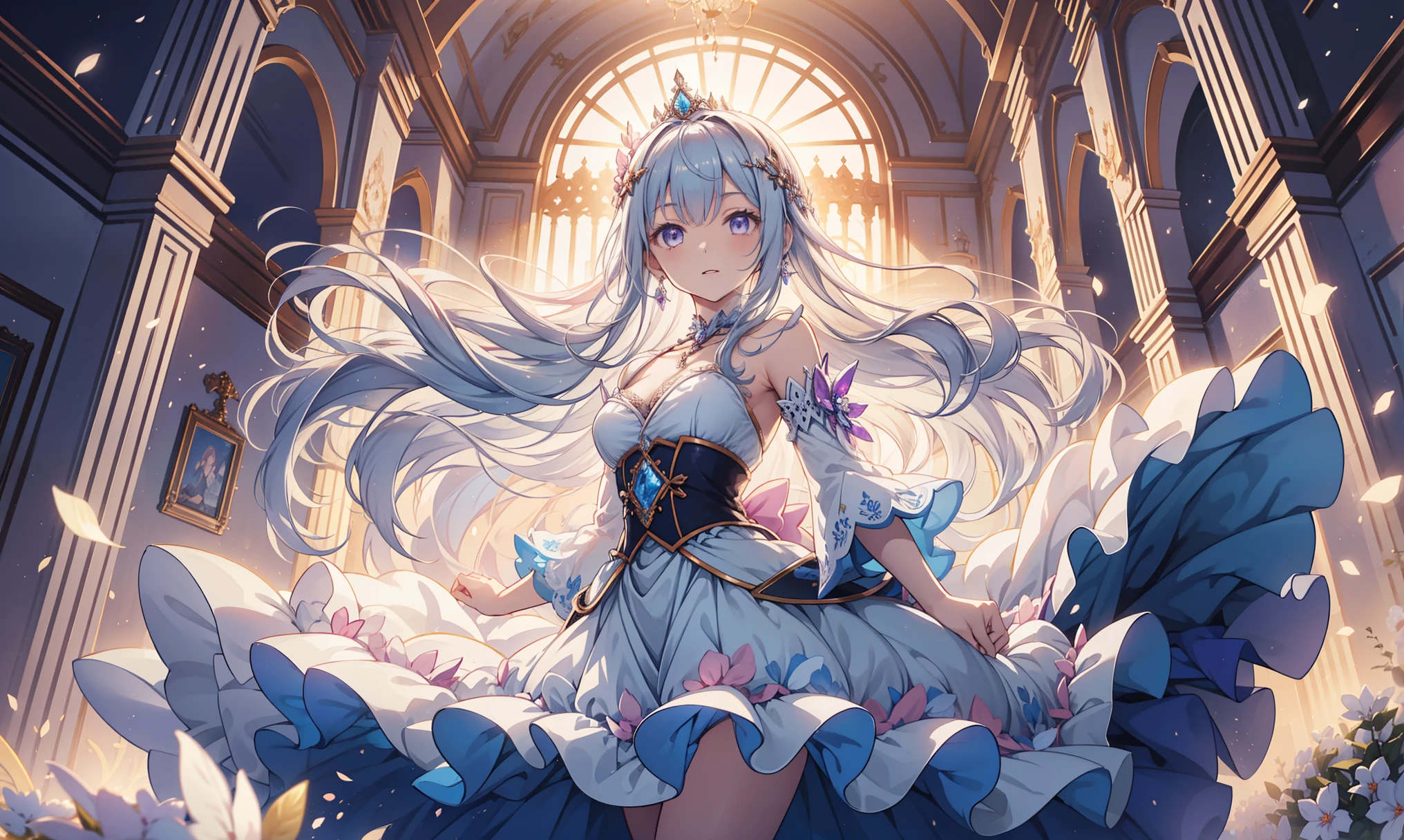 Anime girl with long white hair and blue dress in a room - SeaArt AI