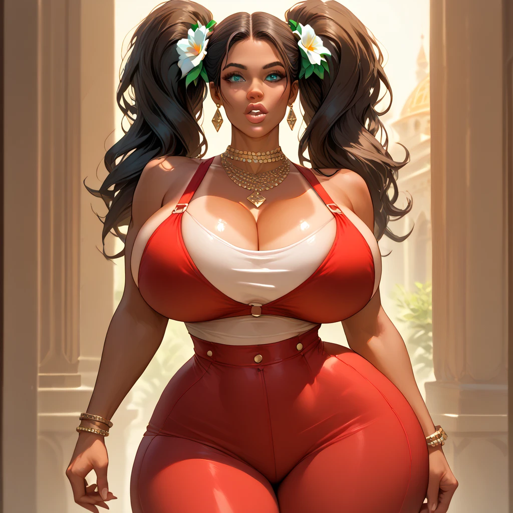 (best quality), (masterpiece), 1 girl, early 20's, huge heavy breasts, thick, thick lips, wide hips, thin waist, brazilianmiku, dark-skinned female, tanlines, twintails, hair flower, aqua eyes