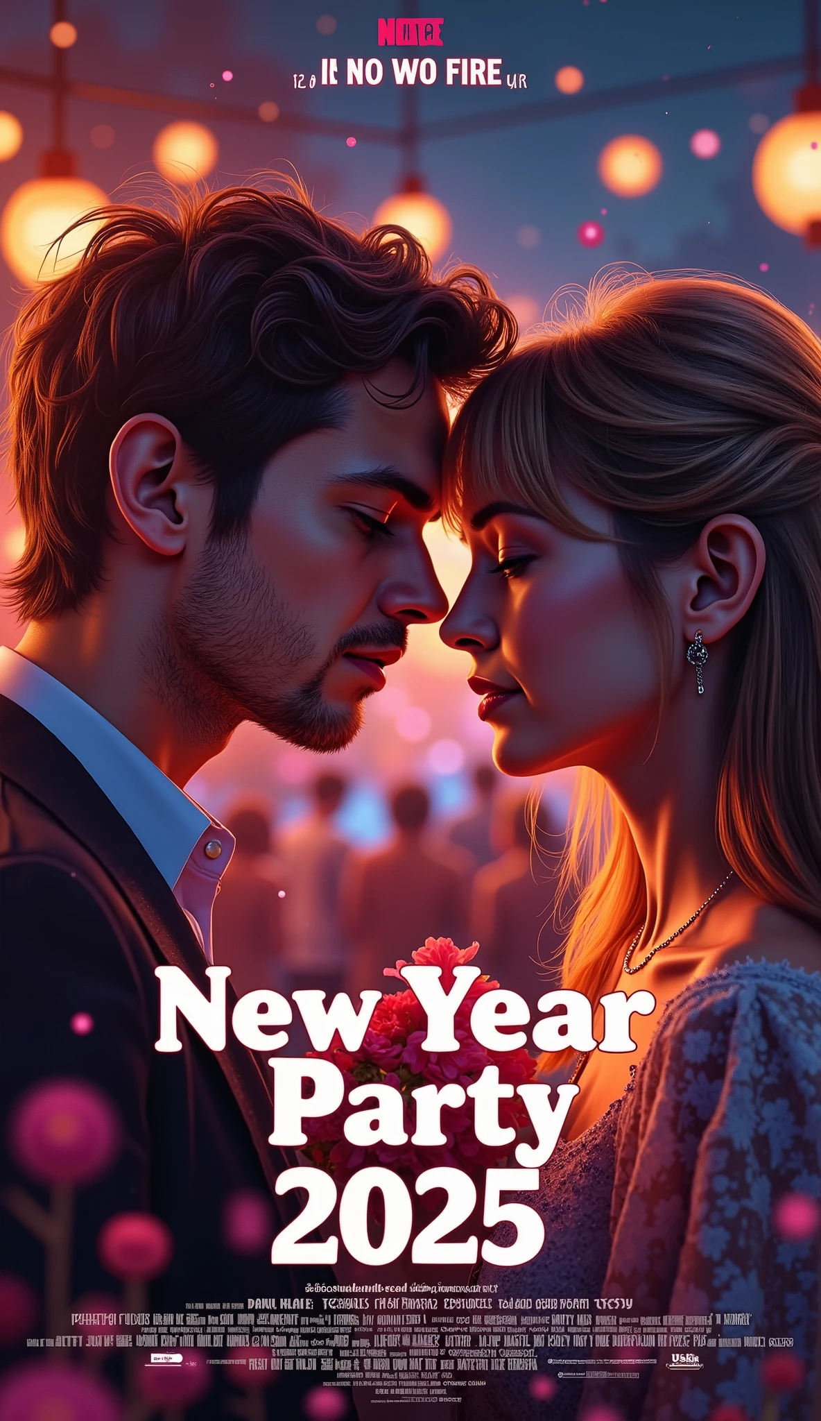 (masterpiece:1.2,EXCEPTIONAL QUALITY  ,Mirror Finish ,  Cinematic Experience That Made America Laugh , best illustration), Super high resolution,  super detailed  ,8k,16k, wallpaper,( New Year Party ),( New Year Party を題材にしたコメディ映画のポスター:2.0),(さえない人見知りの男性が一人で New Year Party 参加して徐々 where he opens his heart and marries a woman he met ),(Artistic),(Movie title"New Year Party 2025" Draw the text:2.0),( simple design :2.0),(Heartful romantic comedy movie :2.0),(Big feature film ),(America laughed :2.0)