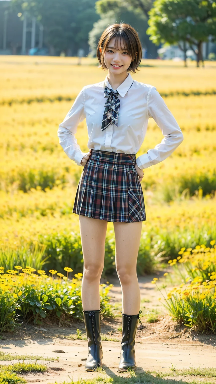 (8k、     RAW photos   、   top quality、masterpiece   :1.2)、(   realistic  、   realistic  )、1 person、((bangs、 short hair、Ribbon on chest、 boots、 shirt、 Long Sleeve 、smile、whole body、 Black Plaid Mini Skirt、Flower Field、Narrow waist、 Stand with hands on hips、 standing facing you   )、 cute