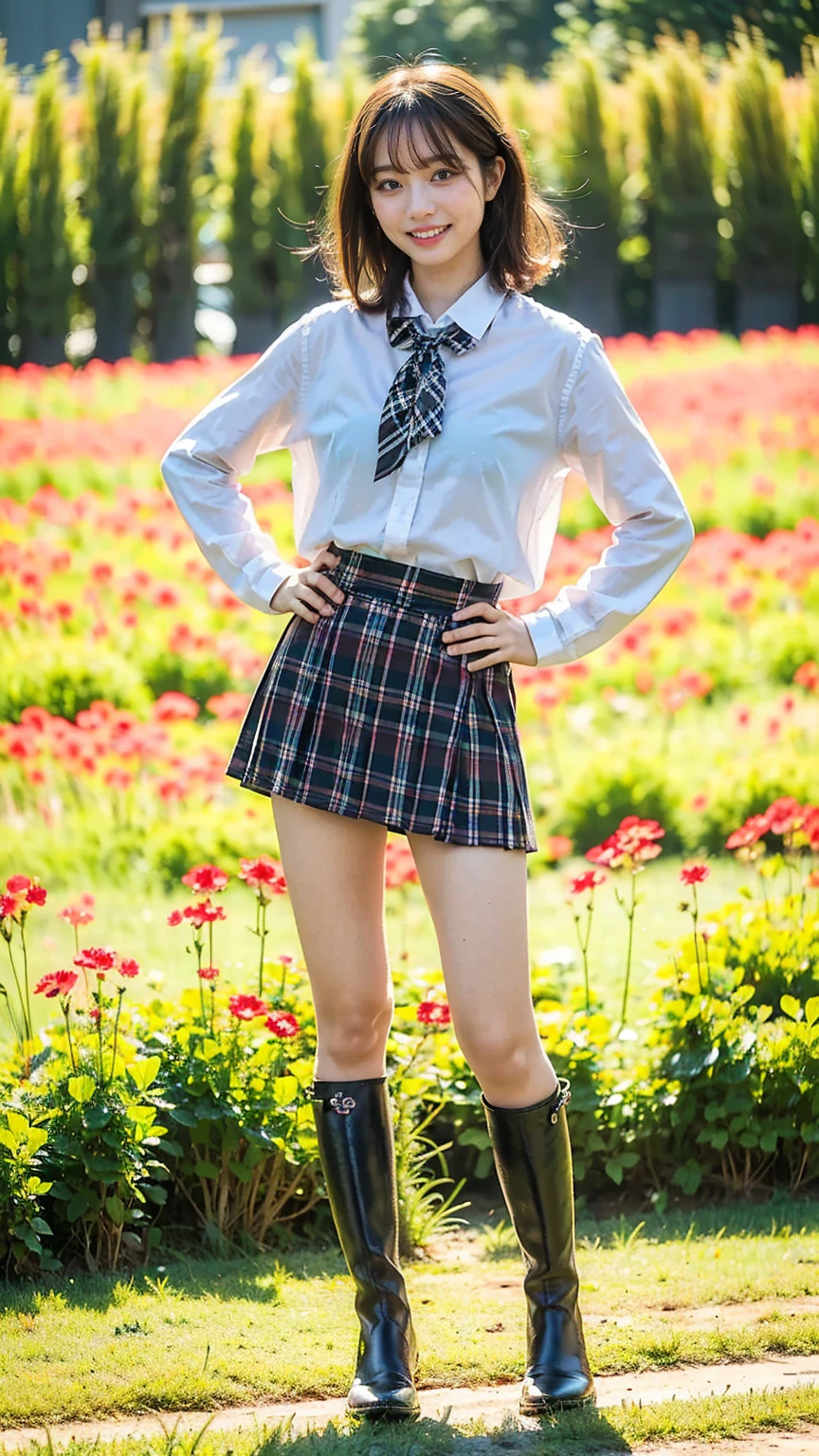 (8k、     RAW photos   、   top quality、masterpiece   :1.2)、(   realistic  、   realistic  )、1 person、((bangs、 short hair、Ribbon on chest、 boots、 shirt、 Long Sleeve 、smile、whole body、 Black Plaid Mini Skirt、Flower Field、Narrow waist、 Stand with hands on hips、 standing facing you   )、 cute