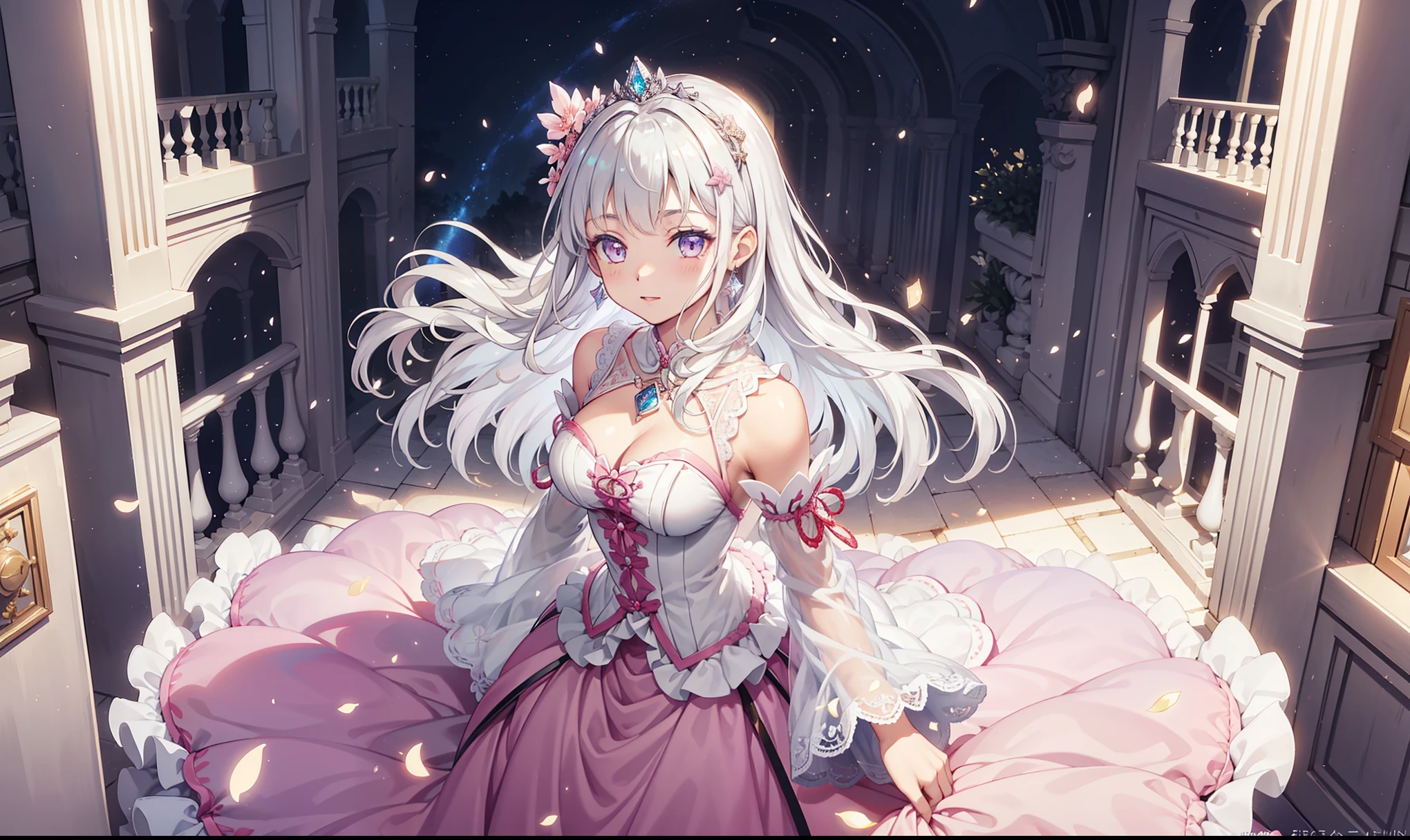 ( beautiful , beautiful , Very detailed, masterpiece, high quality , Puzzled, High Resolution , Full HD, 16K, Soft Edge, Soft lines),( dynamic angle),Flying in the air , Dramatic Lighting , pastel colors , Soft Lighting ,((Moonlight Night, beautiful 月)), starry sky ,meteor群,meteor,(fairy tale princess, Purple Eyes, Long eyelashes, White Skin,, Light Pink Full Lips , pale pink cheeks , The wind is blowing,White fluffy hair,,Silver decoration,diamond crown,Diamond Earrings,Diamond Earrings, diamond necklace ,( Silver Ball Gown :1.1), 银色Lace和Ruffles , (fantasy, Romantic atmosphere ), transparent pajamas, Clear Sleeves ,Obsessed,Petal edge,(Light Color:1.3),Fluff,Sacred decoration,Sacred Theme,Lace,Ruffles,flying dress, transparent skirt