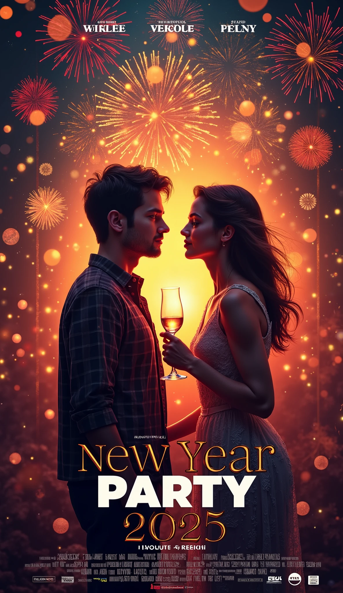 (masterpiece:1.2,EXCEPTIONAL QUALITY  ,Mirror Finish ,  Cinematic Experience That Made America Laugh , best illustration), Super high resolution,  super detailed  ,8k,16k, wallpaper,( New Year Party ),( New Year Party を題材にしたコメディ映画のポスター:2.0),(さえない人見知りの男性が一人で New Year Party 参加して徐々 where he opens his heart and marries a woman he met ),(Artistic),(Movie title"New Year Party 2025" Draw the text:2.0),( simple design :2.0),(Heartful romantic comedy movie :2.0),(Big feature film ),(America laughed :2.0)