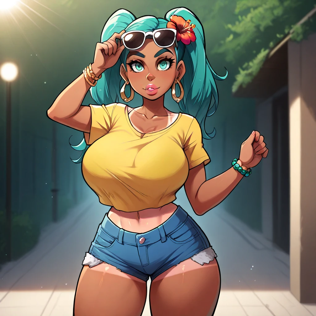 (best quality), (masterpiece), 1 girl, early 20's, huge heavy breasts, thick, thick lips, wide hips, thin waist, brazilianmiku, dark-skinned female, tanlines, twintails, hair flower, aqua eyes, sunglasses, eyewear on head, yellow shirt, cropped shirt, short sleeves, swimsuit, blue shorts, denim shorts, short shorts, beads, hoop earrings, bracelet, collarbone, midriff