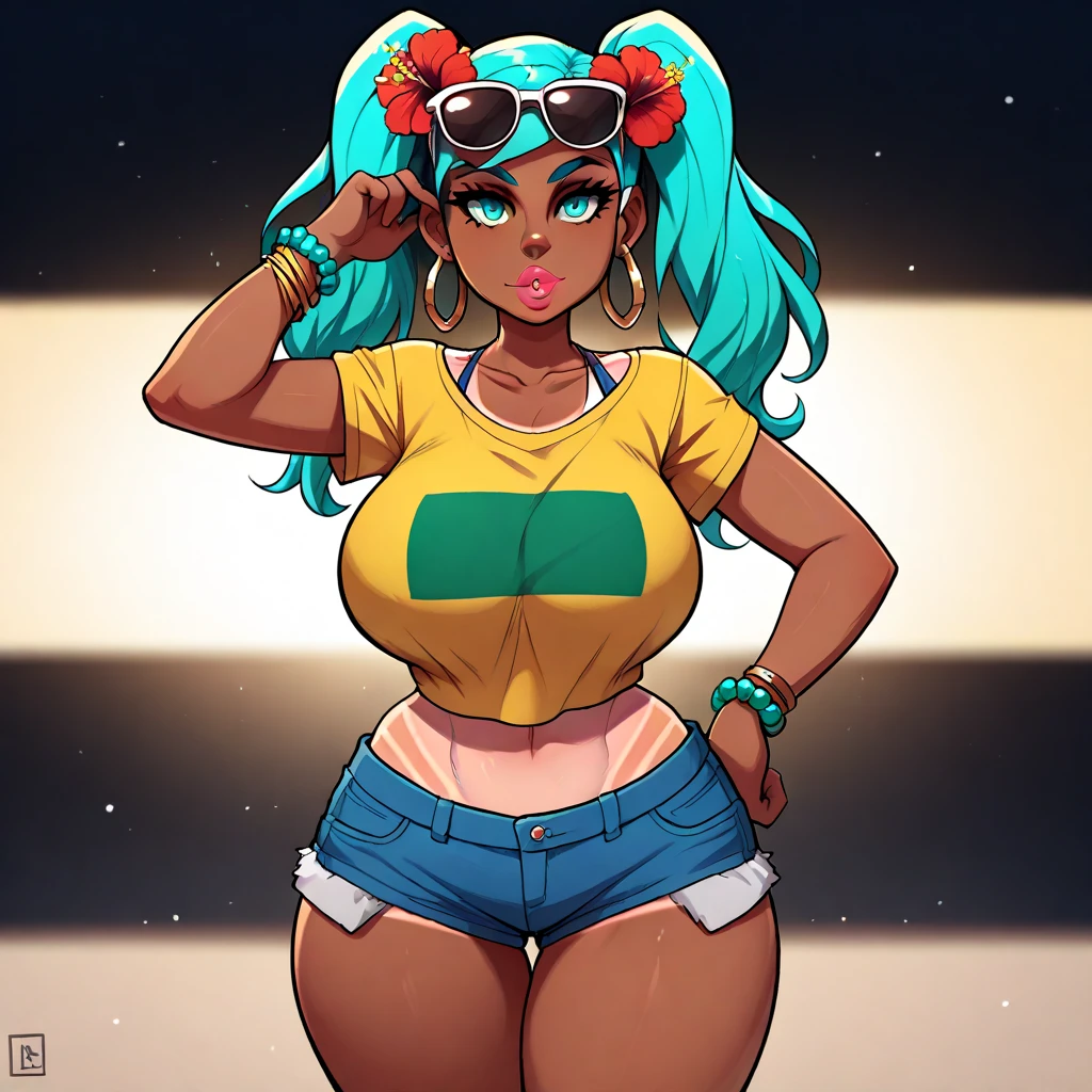 (best quality), (masterpiece), 1 girl, early 20's, huge heavy breasts, thick, thick lips, wide hips, thin waist, brazilianmiku, dark-skinned female, tanlines, twintails, hair flower, aqua eyes, sunglasses, eyewear on head, yellow shirt, cropped shirt, short sleeves, swimsuit, blue shorts, denim shorts, short shorts, beads, hoop earrings, bracelet, collarbone, midriff