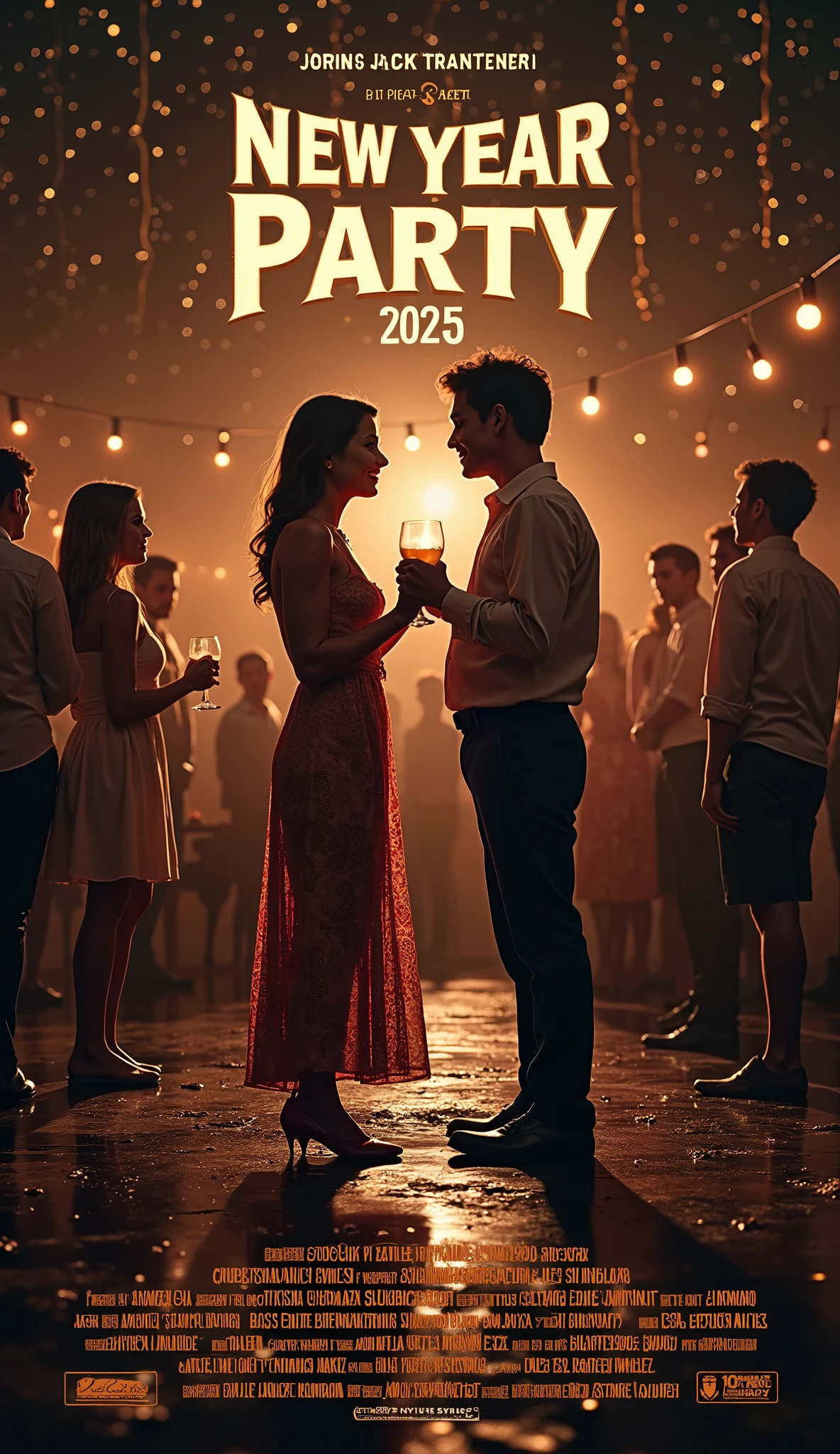 (masterpiece:1.2,EXCEPTIONAL QUALITY ,Mirror Finish , Cinematic Experience That Made America Laugh , best illustration), Super high resolution, super detailed ,8k,16k, wallpaper,( New Year Party ),( New Year Party を題材にしたコメディ映画のポスター:2.0),(さえない人見知りの男性が一人で New Year Party 参加して徐々 where he opens his heart and marries a woman he met ),(Artistic),(Movie title"New Year Party 2025" Draw the text:2.0),( simple design :2.0),(Heartful romantic comedy movie ),(Big feature film ),(America laughed :2.0)