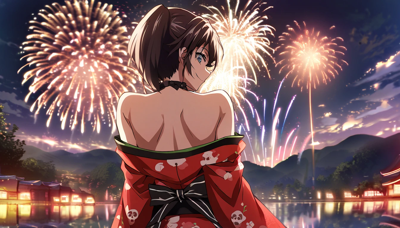 score_9, score_8_up, score_7_up, source_anime, from behind, solo, 1girl, odelschwanck, smile, looking back, skull, red kimono, off shoulder, bare shoulders, backboob, Fireworks