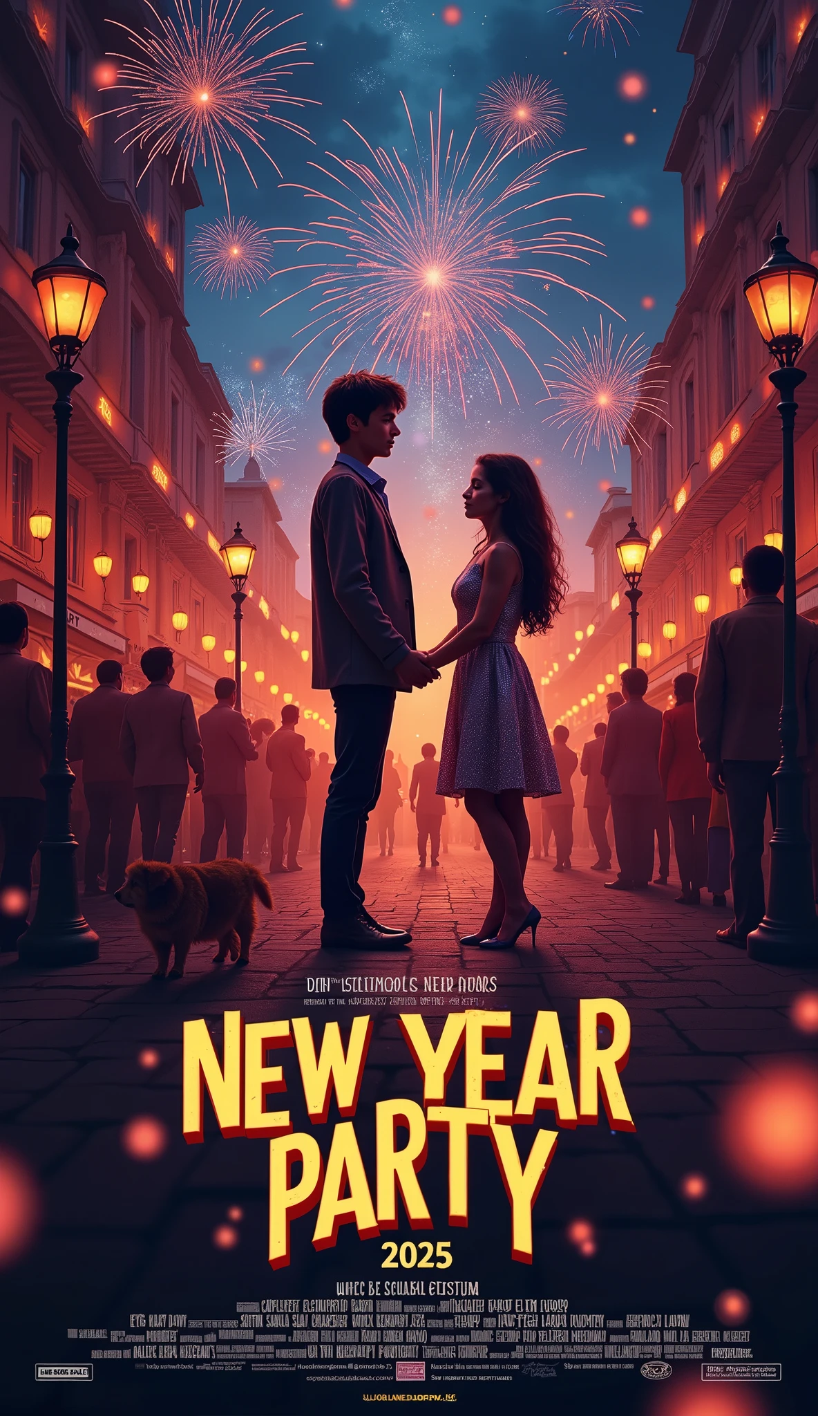 (masterpiece:1.2,EXCEPTIONAL QUALITY ,Mirror Finish , Cinematic Experience That Made America Laugh , best illustration), Super high resolution, super detailed ,8k,16k, wallpaper,( New Year Party ),( New Year Party を題材にしたコメディ映画のポスター:2.0),(さえない人見知りの男性が一人で New Year Party 参加して徐々 where he opens his heart and marries a woman he met ),(Artistic),(Movie title"New Year Party 2025" Draw the text:2.0),( simple design :2.0),(Heartful romantic comedy movie :2.0),(Big feature film ),(America laughed :2.0)