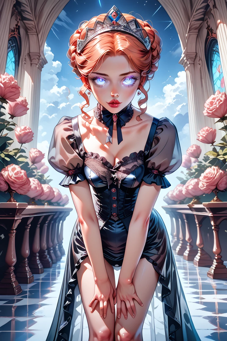 beautiful teen, glowing eyes, Victorian architecture, constelations and Planets in night sky, perfect legs, princess, see through clothing, drapes, sexy pose, bent over,