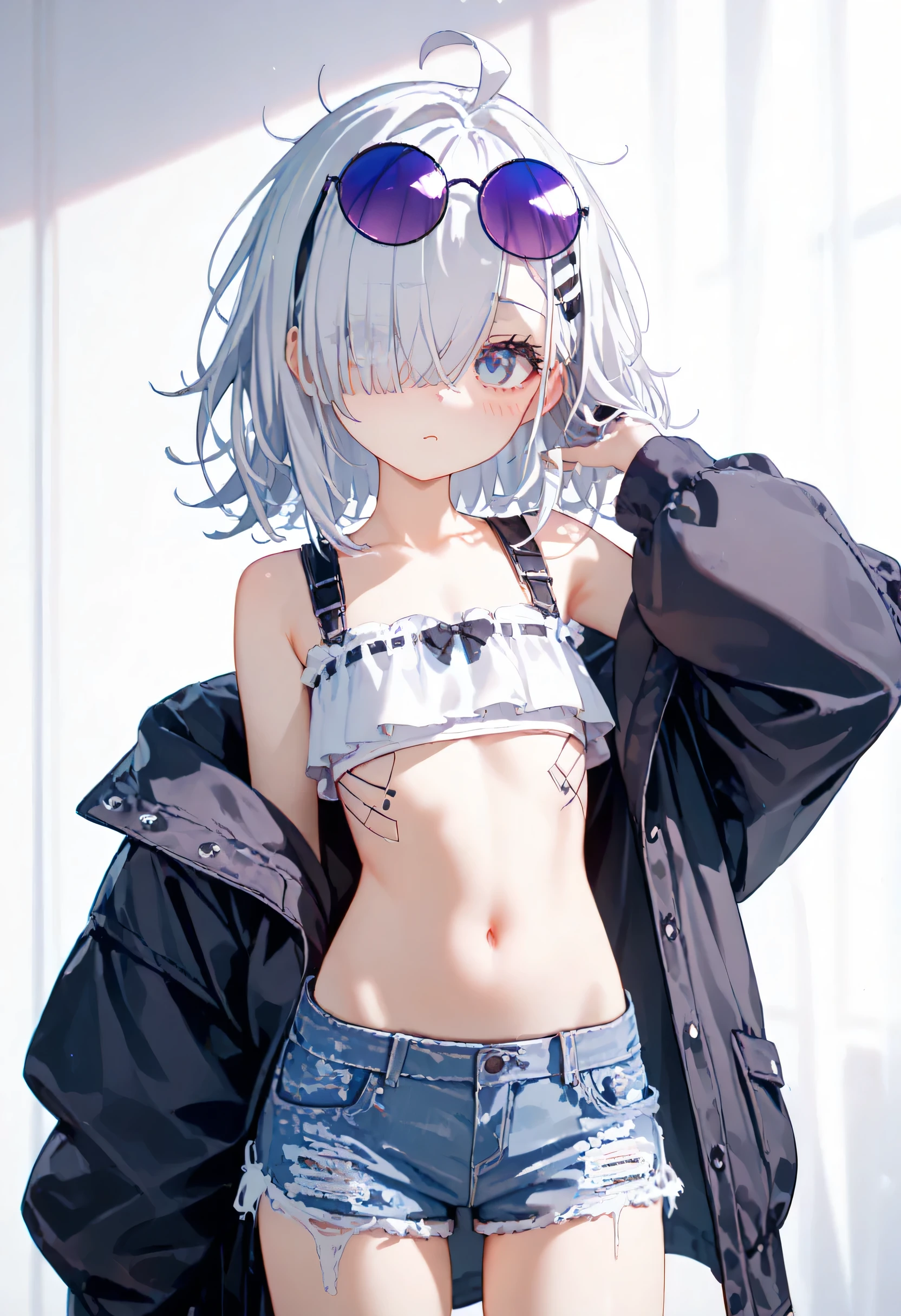 ((((masterpiece, best quality, high resolution)))), (1girl:1.5), ((short hair, white hair, red eyes, sharp eyes)), (average breasts:1.2), blush, (cheeky smile, parted lips), glow, thighs, bare shoulders, collarbone, narrow waist, (slender body figure), (beautiful detailed face, beautiful detailed eyes), ((white loose crop top, see through material, jeans shorts)), (standing up), looking at viewer, (cowboy shot)