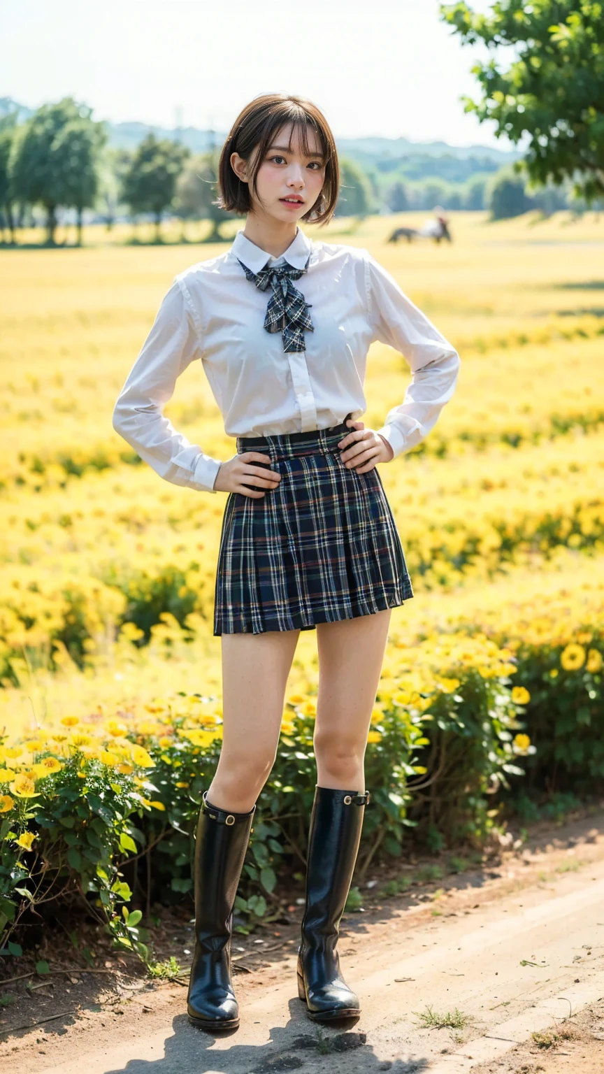 (8k、     RAW photos   、   top quality、masterpiece   :1.2)、(   realistic  、   realistic  )、1 person、((bangs、 short hair、Ribbon on chest、 boots、 shirt、 Long Sleeve 、whole body、 Black Plaid Mini Skirt、Flower Field、Narrow waist、 Stand with hands on hips、 standing facing you   )、 cute