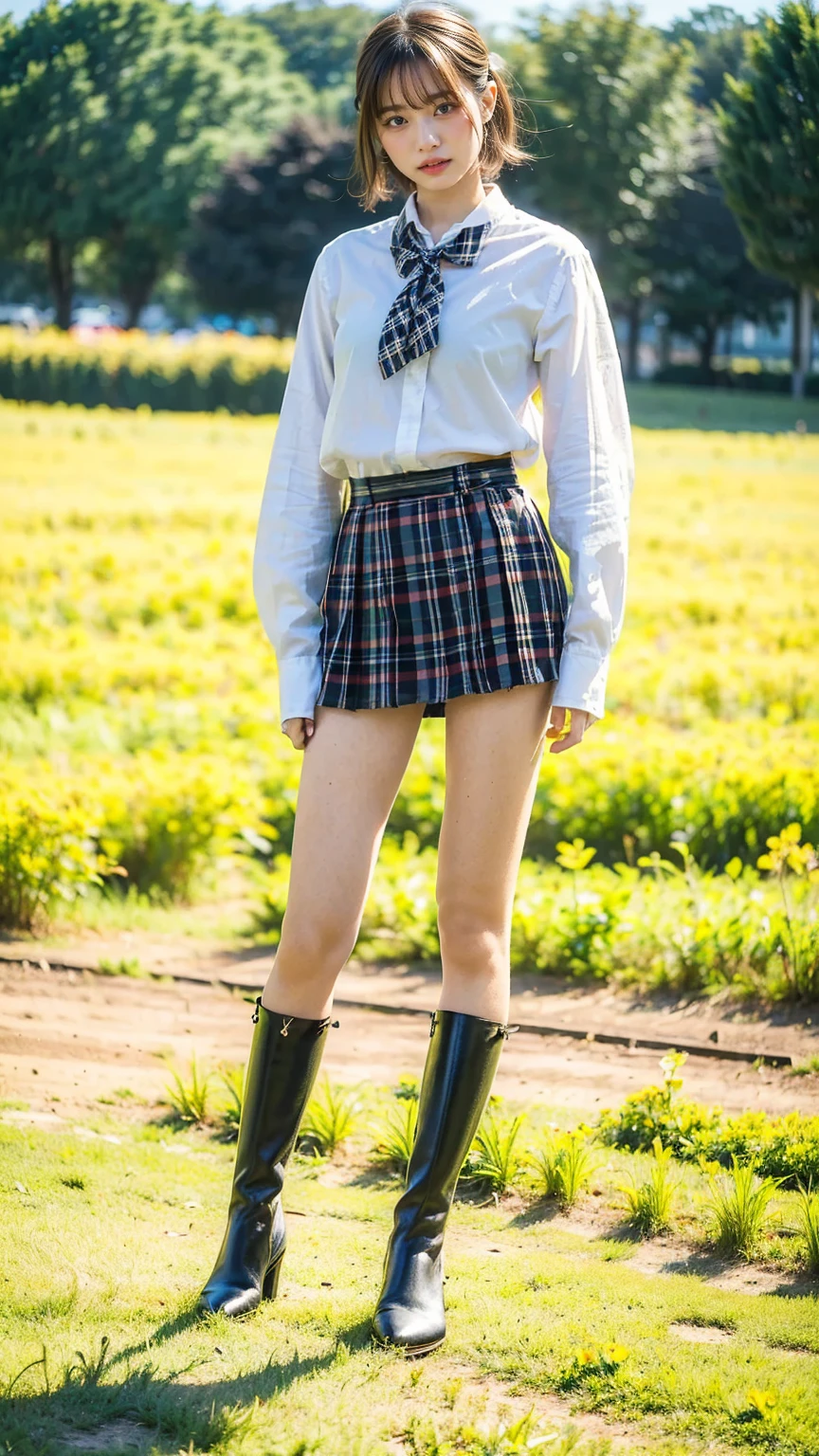 (8k、     RAW photos   、   top quality、masterpiece   :1.2)、(   realistic  、   realistic  )、1 person、((bangs、 short hair、Ribbon on chest、 boots、 shirt、 Long Sleeve 、whole body、 Black Plaid Mini Skirt、Flower Field、Narrow waist、 Stand with hands on hips、 standing facing you   )、 cute