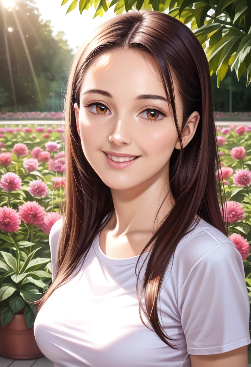 a beautiful young girl in a sunny day, 1girl, long hair, detailed face, beautiful eyes, cute expression, smiling, outdoor, garden, flowers, sunlight, warm colors, highly detailed, (best quality,4k,8k,highres,masterpiece:1.2),ultra-detailed,(realistic,photorealistic,photo-realistic:1.37),digital painting, vibrant colors, natural lighting, intricate details, soft focus