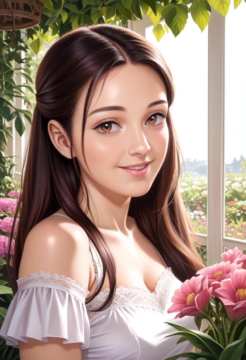 a beautiful young girl in a sunny day, 1girl, long hair, detailed face, beautiful eyes, cute expression, smiling, outdoor, garden, flowers, sunlight, warm colors, highly detailed, (best quality,4k,8k,highres,masterpiece:1.2),ultra-detailed,(realistic,photorealistic,photo-realistic:1.37),digital painting, vibrant colors, natural lighting, intricate details, soft focus