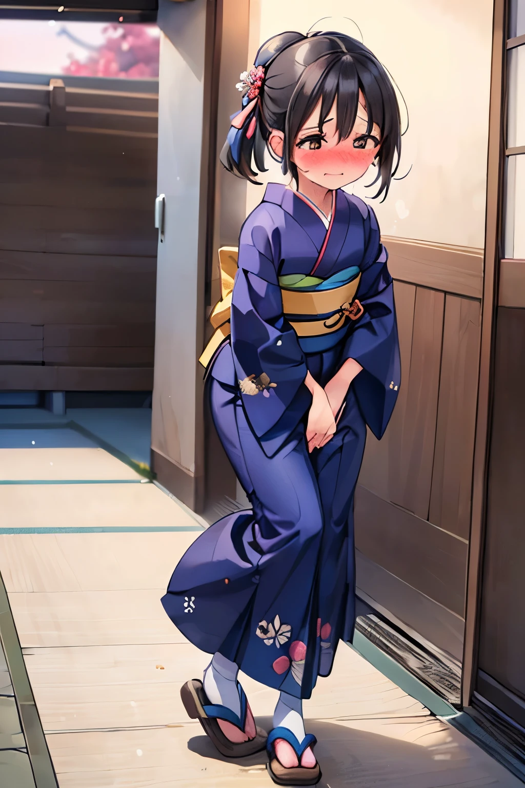 (8K, ultra-detailed, best quality, anatomically perfect figure, extremely detailed beautiful girl:2), (SIGMA 135 mm F/2.8, 1/1000 sec shutter, award-winning photo), beautiful small breasts, shiny skin, (have to pee, shaking with the effort to hold pee), (Her desperate urge to pee has reached its limit), (desperate to pee), (her bladder is at its limit:1.2), (Standing:1.3), (peeing herself:0.2), (kimono), (Untidy hair:1.2), (She is frantically holding and kneading her crotch:1.9), (arch backward body:1.6), (jiggled:1.8), (pee-dance foot stepping:1.5), (doing the pee-dance with a wiggly body, squirmy motions:1.8), (wiggling her hips:1.2), (panting for breath), (orgasm), (full face blush:1.5), (embarrassment:1.6), (impatience:1.9), (flustered:1.5), (Humiliation), (turn her on), (squint eyes), (arousal), (quivering lips), (unable to hold pee anymore desperate face:1.2), She needs to pee so badly she can not wait for the public restroom cubicle door to open, (She definitely doesn't want to be incontinent), (ultra-detailed face:1.1),