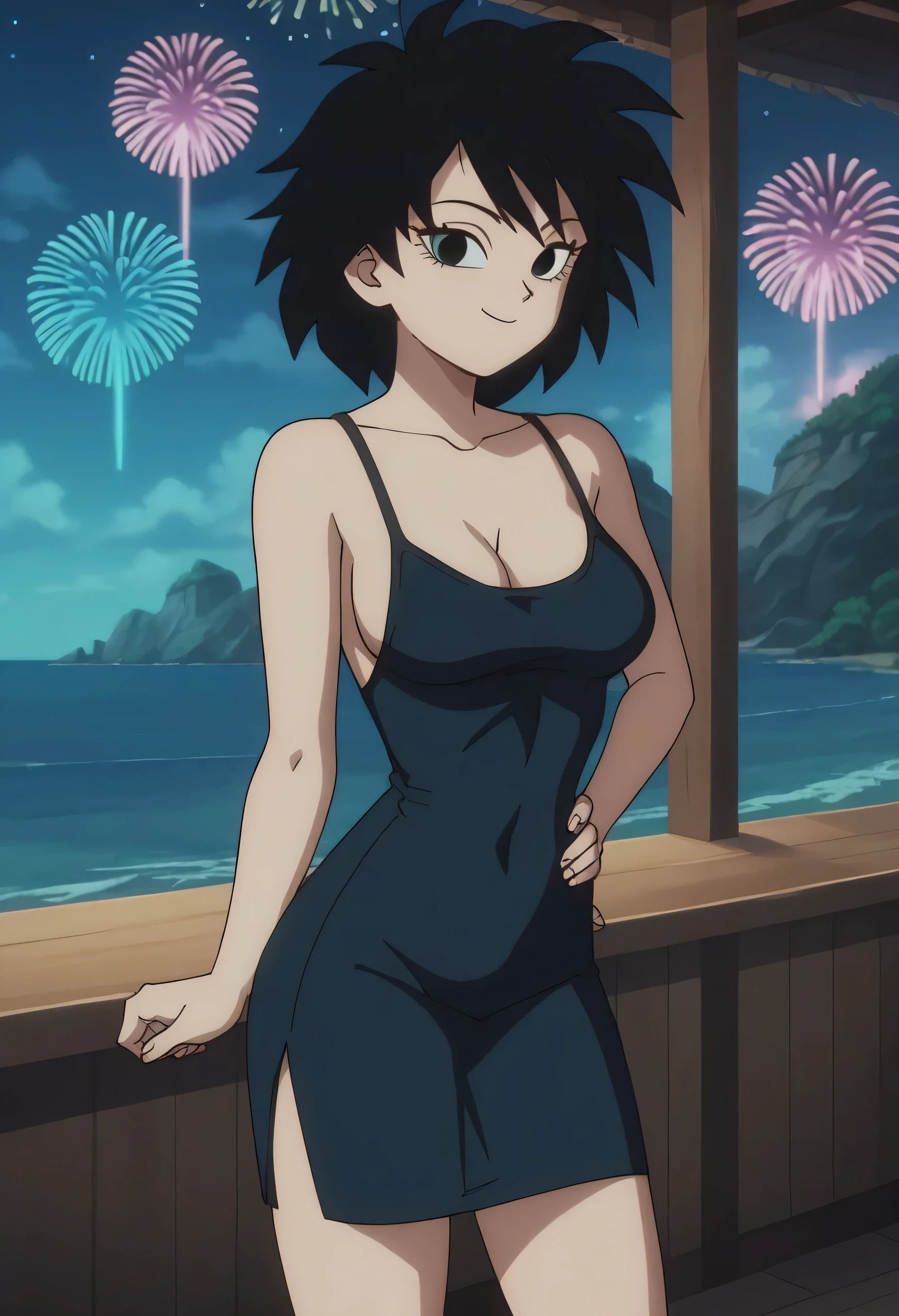 source_anime, score_9, score_8_up, score_7_up, anime screencap, absurd res, official style, gine, 1girl, solo, black hair, black eyes, closed mouth, bare shoulders, medium breast, short black bodycon dress, a spaghetti strap black dress, a seductive smile, mouth closed, sexy, sexual arousal, outside, smile, looking at viewers, cowboy shot, one hand on waist, balcony, night, ocean, fireworks on new year’s eve