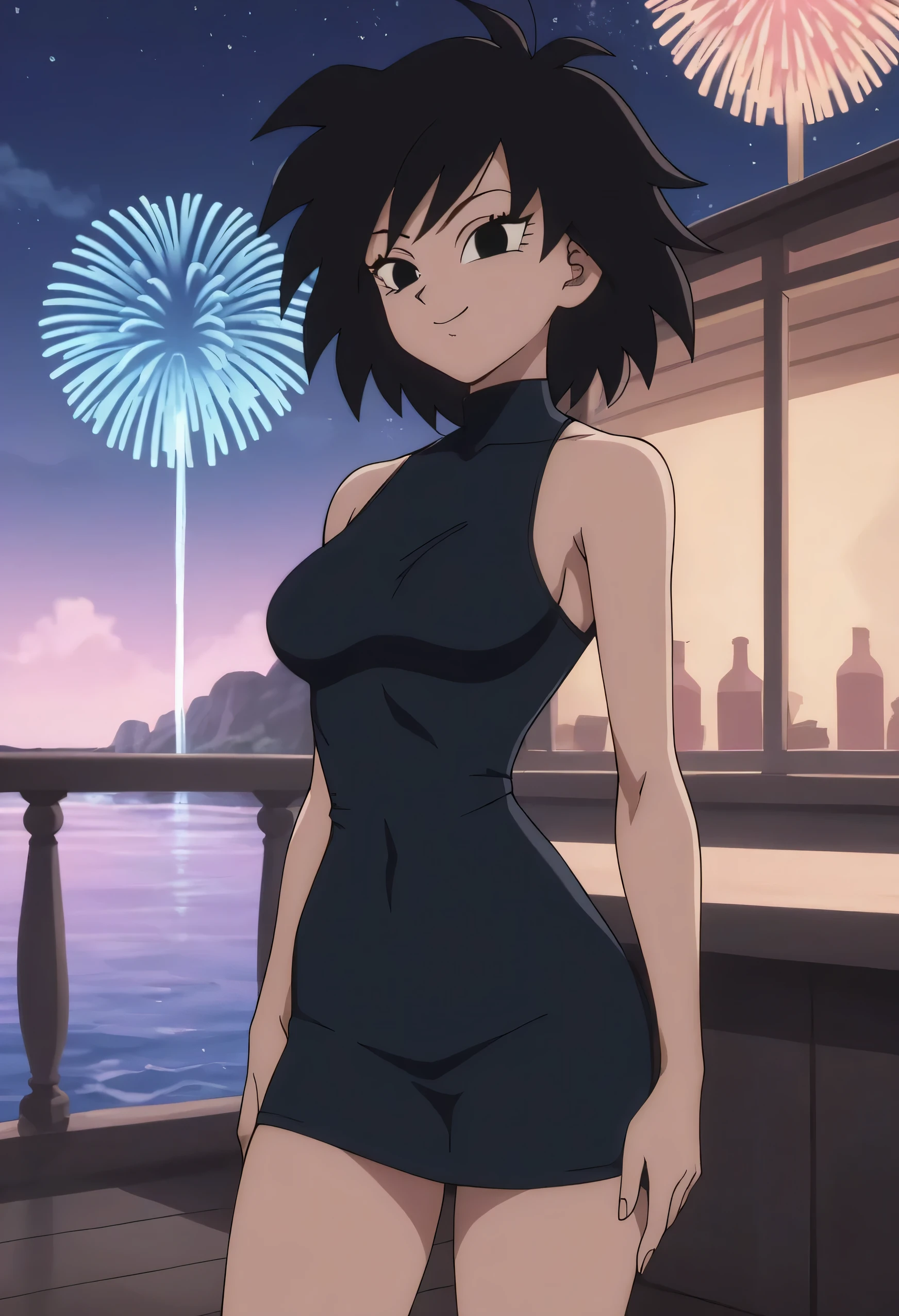 source_anime, score_9, score_8_up, score_7_up, anime screencap, absurd res, official style, gine, 1girl, solo, black hair, black eyes, closed mouth, bare shoulders, medium breast, short black bodycon dress, a spaghetti strap black dress, a seductive smile, mouth closed, sexy, sexual arousal, outside, smile, looking at viewers, cowboy shot, one hand on waist, balcony, night, ocean, fireworks on new year’s eve 