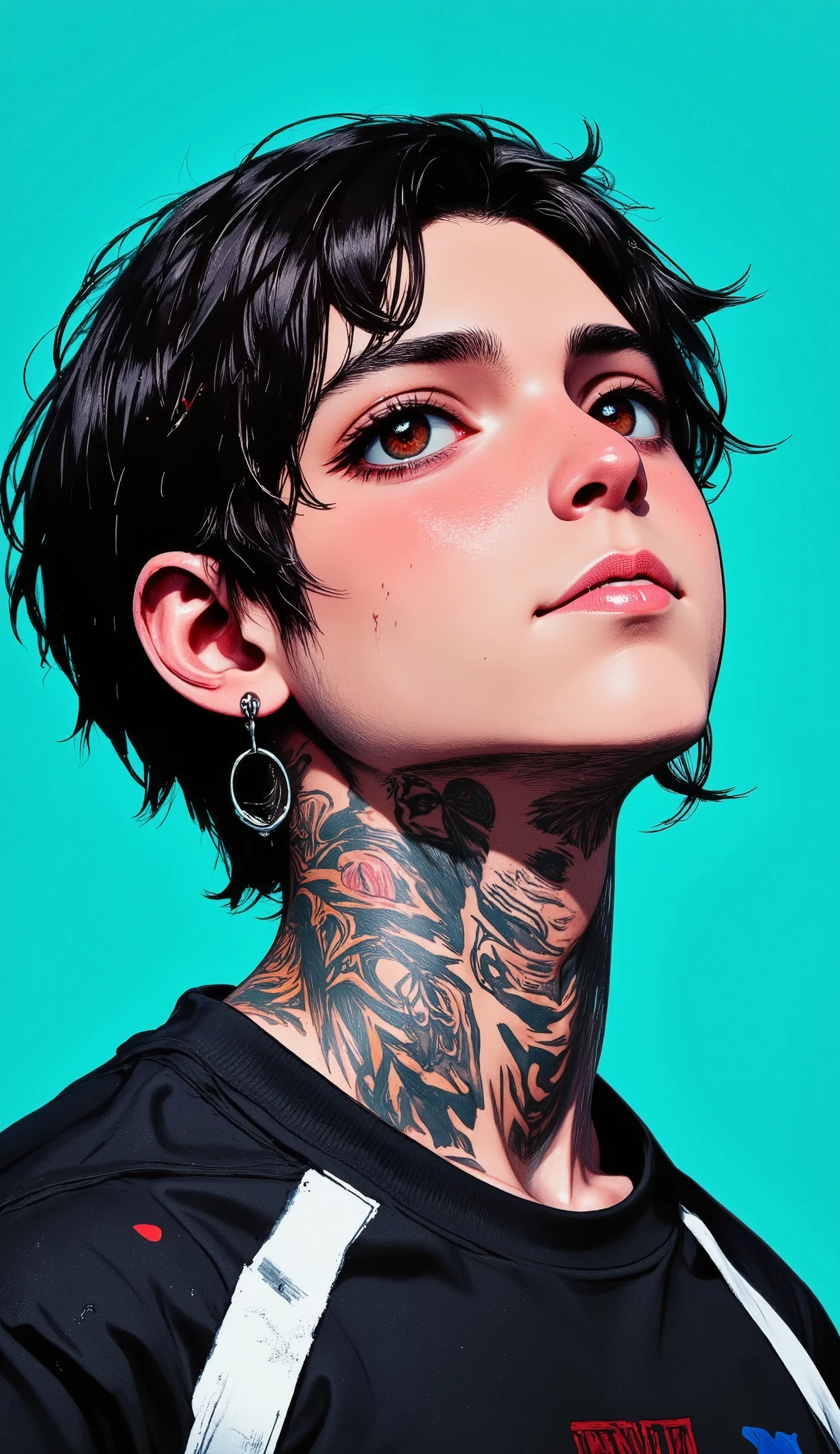    a close up of a young man with a tattoo on his neck, He looks up ,    piercings and eyebrow piercings     , nose and mouth,    image centered close to the flat artwork    , modern hair,    half-open lips , light cyan background   ,      black sweatshirt with white     , muchos    neck tattoos    y rostro,    cyberpunk art inspired by Yanjun Cheng   , tumblr, arte digital,   of a Taiwanese girl with tattoos  ,     work of art in the style of Guweiz ,    neck tattoos   ,  cyberpunk , Ilya Kuvshinov. 4k, guweiz, Japanese art style   , yakuza slim girl, tattoo style,   beautiful face of a cyberpunk girl  