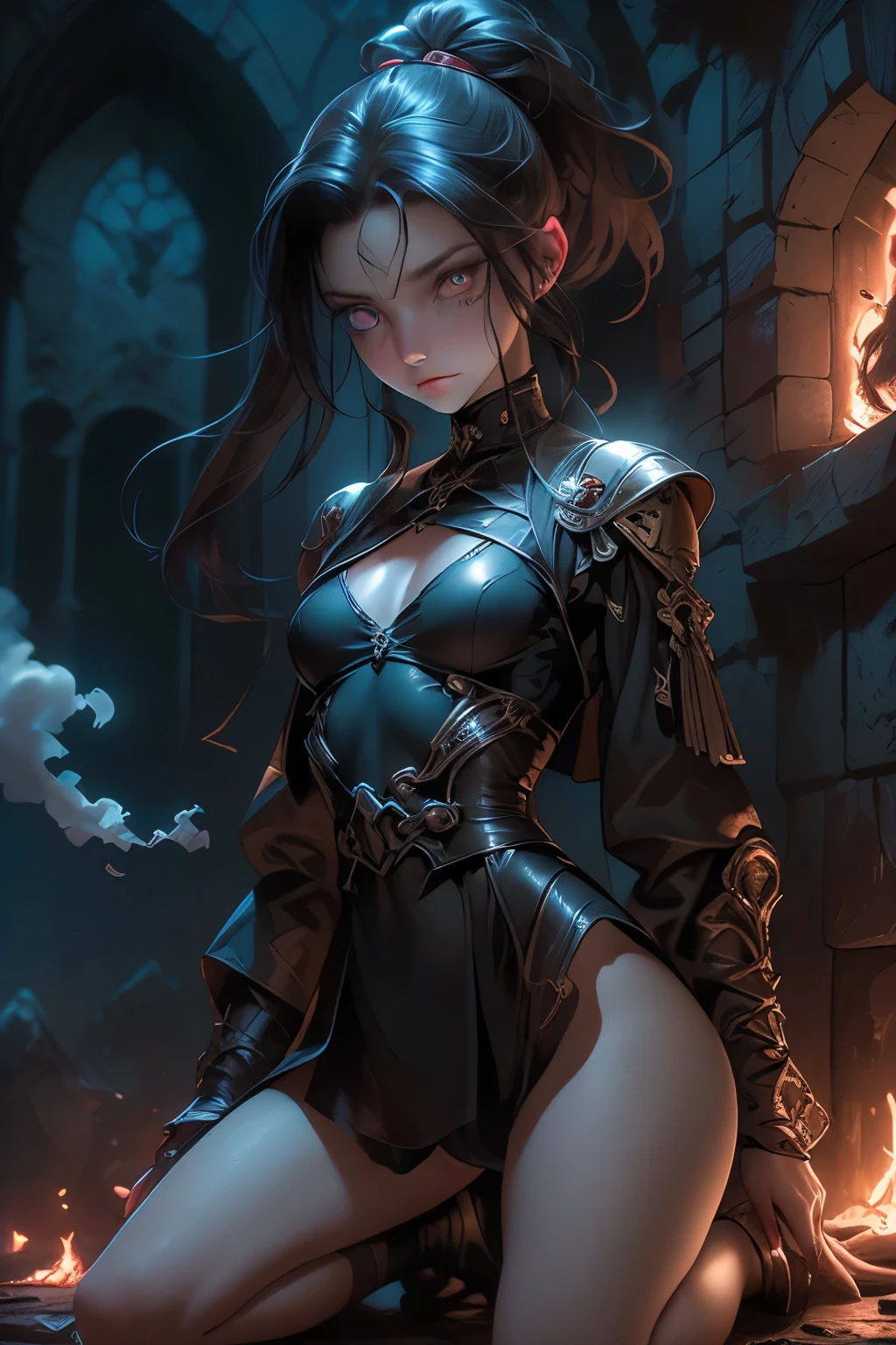 ((best quality)), ((masterpiece)), (detailed), perfect face (((mastepiece, of the highest quality, super detailed))), photorealistic, (heroic composition), (front facing), ((((Highly detailed face)))), small thin nose, Small thin lips mouth, (((Very sharp focused eyes))), ((perfect symmetrical beautiful eyes)), (resolved expression), (resolute expression), ((Dark Souls inspired)), ((Dark Souls aesthetic)), (dark fantasy), (a female warrior blessed by arcane forces, imbued with eldritch powers and cosmic greatness), (almost inhuman beauty, like a sinister angel), (an occultic warrior priestess), (dirty, grimy, worn clothing minimal but intricate armour), (battle damaged), (torn ribbons and sashes adorning her attire blowing in the wind), (clothing torn and left clinging to her body like rags billowing in the wind), (hair caught by the wind), (fiery embers on the breeze), (smoke heavy in the air), (a sense of great conflict and adversity), (mature, foreboding atmosphere), (holding a sword hilt with no blade), beautiful (((very small breasts))), (((little boobs))), (((tiny breasts))), (((flat chest:0.1))), (((very tiny boobs))), (((very flat chested))), ((brunette)) hair, ((long ponytail, thick ponytail, heavy ponytail)), very long eyelashes, soft lighting,
((kneeling, penitent, submissive))
