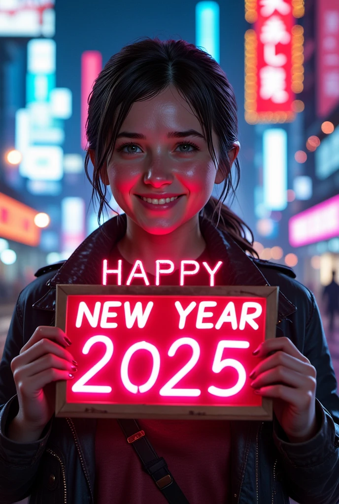 (masterpiece, Highest quality, 8k, Sharp focus, Depth of written boundary, Best Shadow, Perfect lighting, High resolution, Realistic skin texture, ultra-detailed background, detailed), Anime Style, Ellie  holding a Happy New Year 2025 sign (He is slim, compensate, eyeliner, Glitter), At the nightclub, Cyberpunk Theme,  Cyberpunk City.