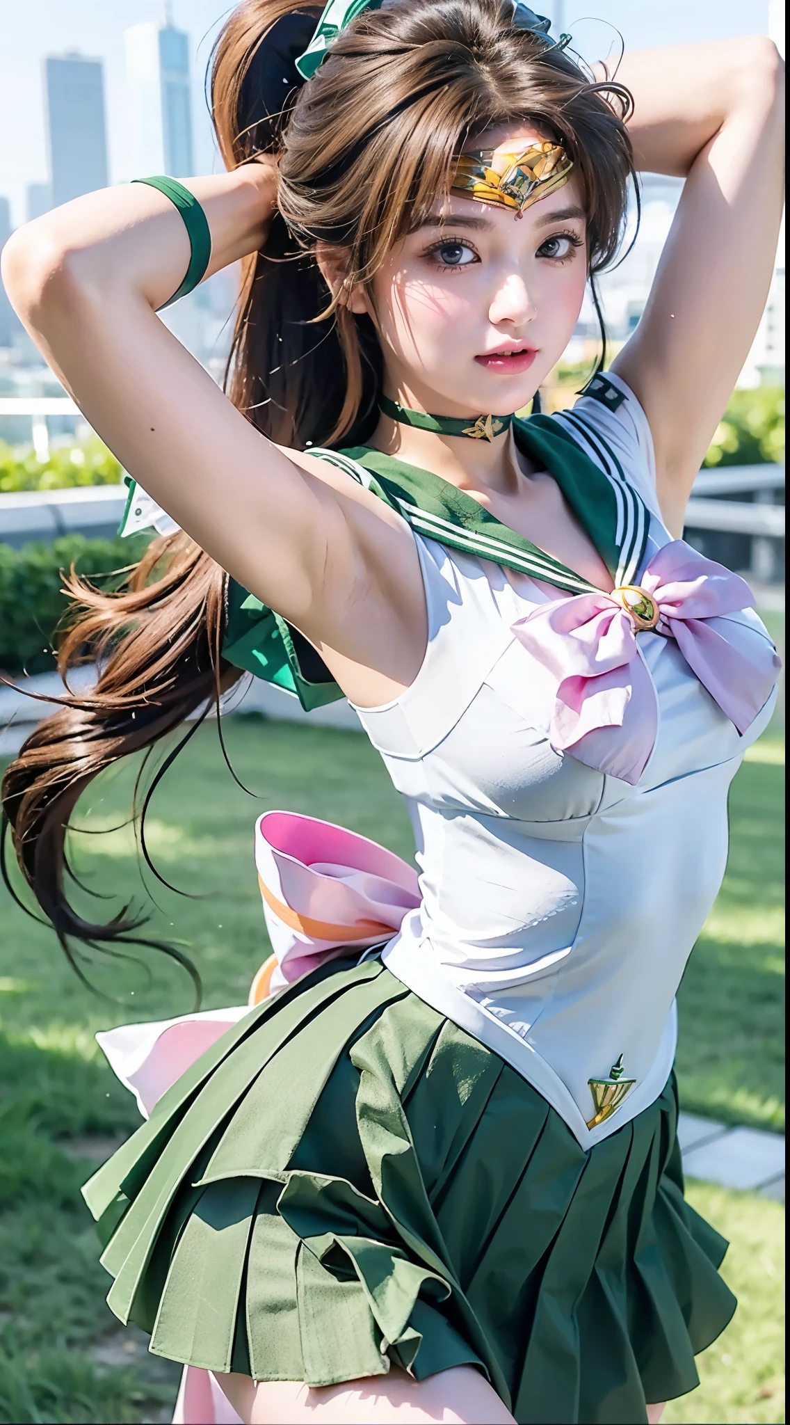 sailor senshi uniform, (sailor jupiter:1.8), ulzzang-6500-v1.1, pureerosface_v1, best quality, masterpiece, illustration, (realistic, photo-realistic:1.37), amazing, finely detail, incredibly absurdres, huge filesize, ultra-detailed, highres, extremely detailed CG unity 8k wallpaper, beautiful detailed girl, curvy body, Big breasts, cleavage of the breast)、(((Micro Bikini Armor))),(Detailed Dragon Armor)、(Have the strongest weapon)、extremely detailed eyes and face, beautiful detailed eyes, ray tracing , 1girl, (black long hair), very long hair, hair bow, red bow tie on top of head, magical girl, blue eyes, blue bow on the chest, orange skirt, elbow gloves, tiara, pleated skirt, hijau sailor collar, miniskirt, choker, hijau choker, white gloves, jewelry, earrings, sweat, skindentation, detailed fingers, heavy breathing, (blush), torogao, orgasm, embarrassed, drunk, fucked silly, naughty face, ultrawide shot, city skyline, moonlit clouds, starry sky, gleaming skyscrapers, twinkling lights, shimmering reflections, glass facade, panoramic view, neon signs, illuminated rooftop structures,