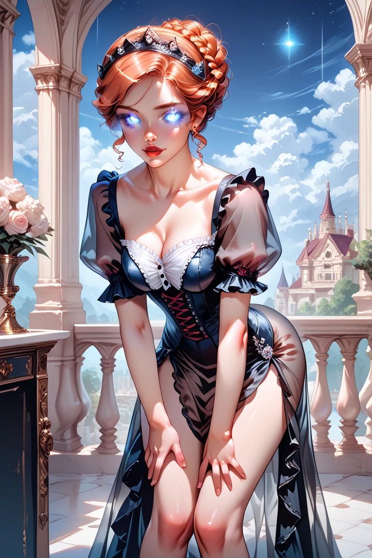 beautiful teen, glowing eyes, Victorian architecture, constelations and Planets in night sky, perfect legs, princess, see through clothing, drapes, sexy pose, bent over,